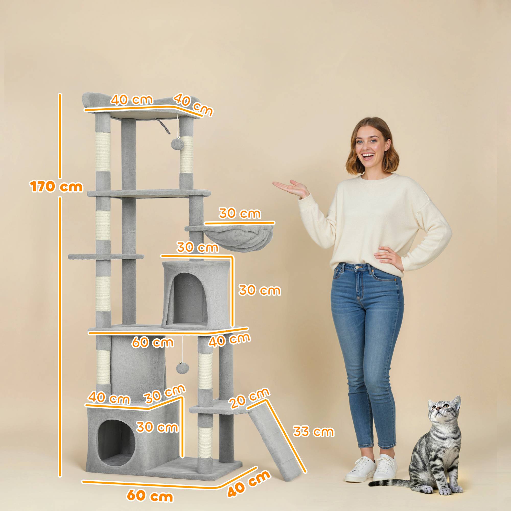 Arbre à Chat Géant 170 cm Panneau de Bois Multi-Niveaux avec Niches Hamac et Tunnel Gris Clair - ComfortXL Outdoor Living - Image 5