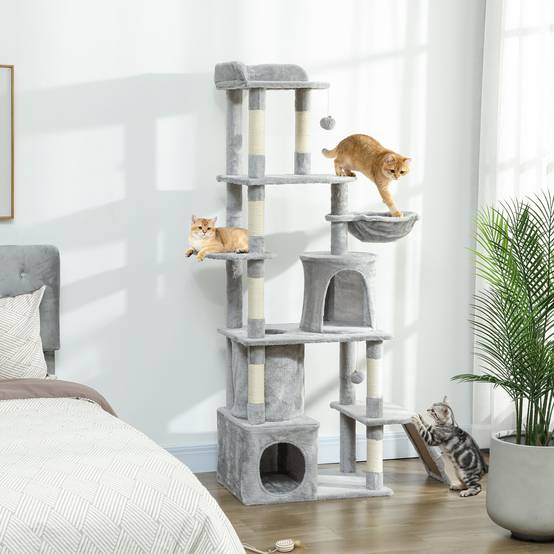 Arbre à Chat Géant 170 cm Panneau de Bois Multi-Niveaux avec Niches Hamac et Tunnel Gris Clair - ComfortXL Outdoor Living - Image 4