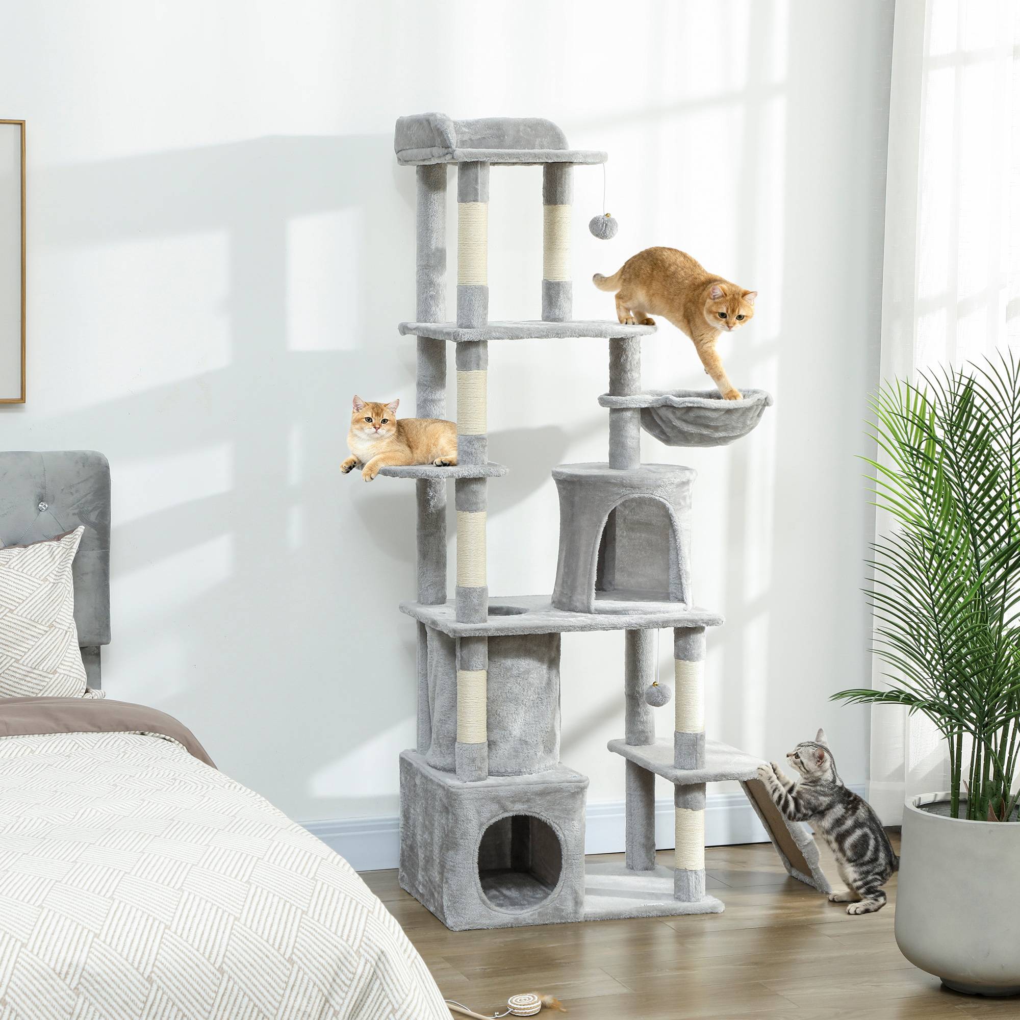Arbre à Chat Géant 170 cm Panneau de Bois Multi-Niveaux avec Niches Hamac et Tunnel Gris Clair - ComfortXL Outdoor Living - Image 4