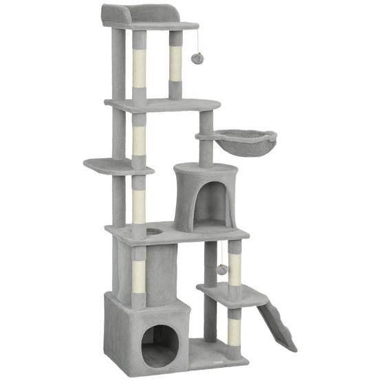 Arbre à Chat Géant 170 cm Panneau de Bois Multi-Niveaux avec Niches Hamac et Tunnel Gris Clair - ComfortXL Outdoor Living - Image 2