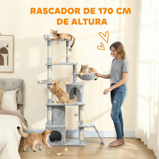 Arbre à Chat Géant 170 cm Panneau de Bois Multi-Niveaux avec Niches Hamac et Tunnel Gris Clair - ComfortXL Outdoor Living - Image 6