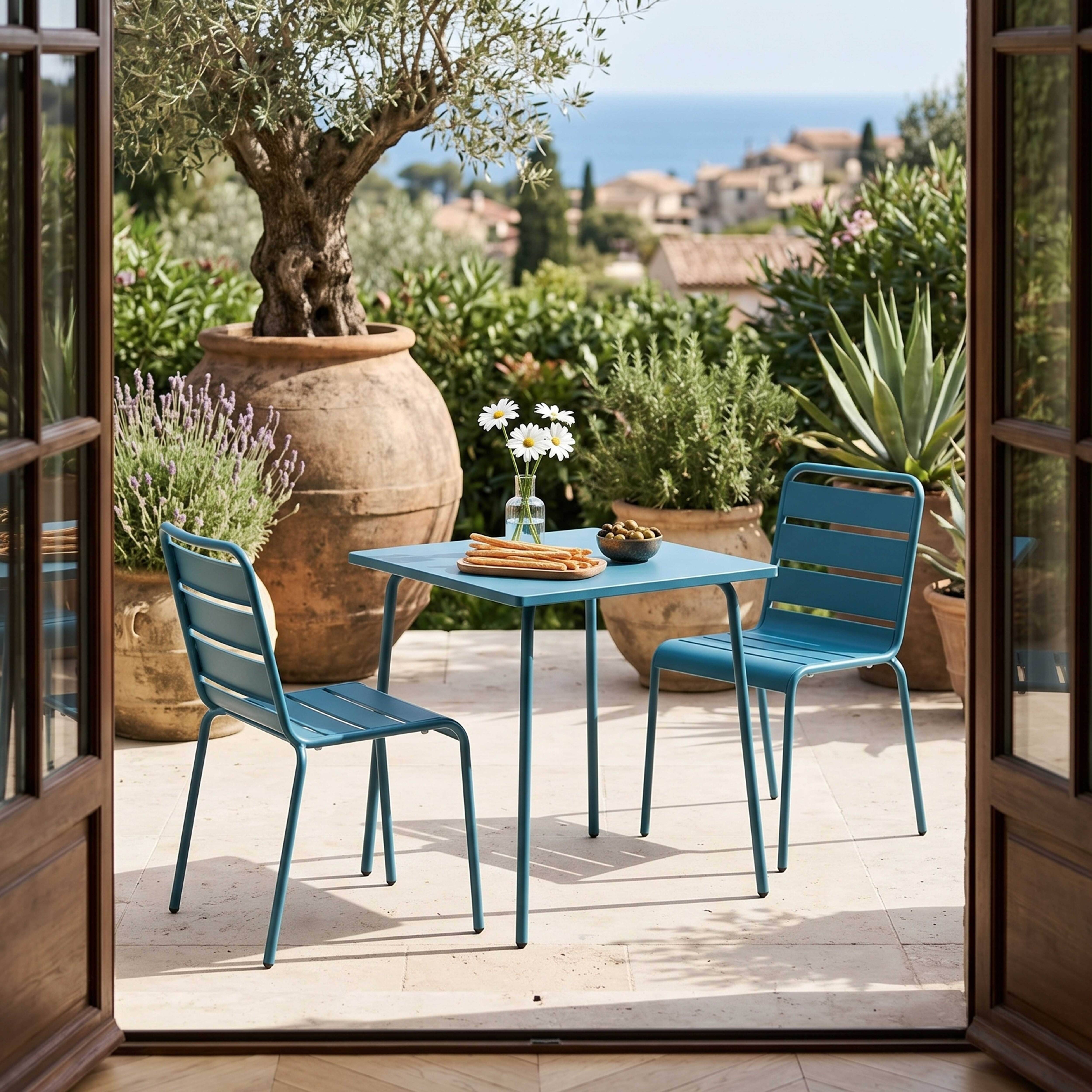 Oviala - Ensemble table de jardin carrée et 2 chaises acier bleu pacific Palavas - Oviala - Imagen 2