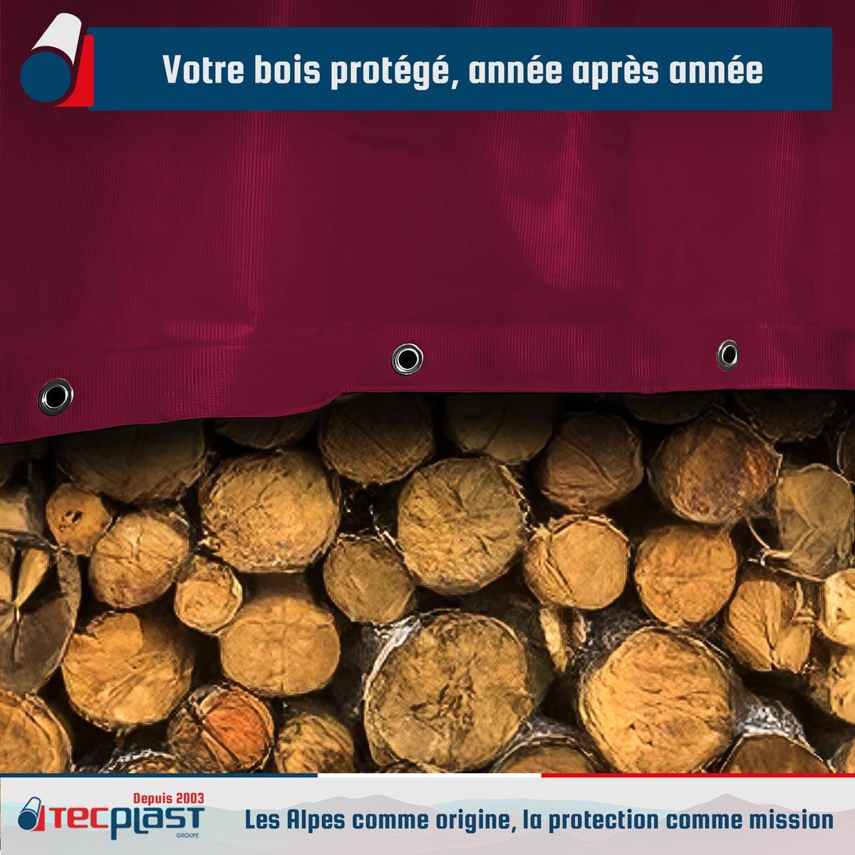 Bâche Bois 4x4 m LP506BO Rouge Bordeaux - Garantie 5 ans - Bâche de protection étanche en PVC pour Bois de chauffage TECPLAST - Imagen 2