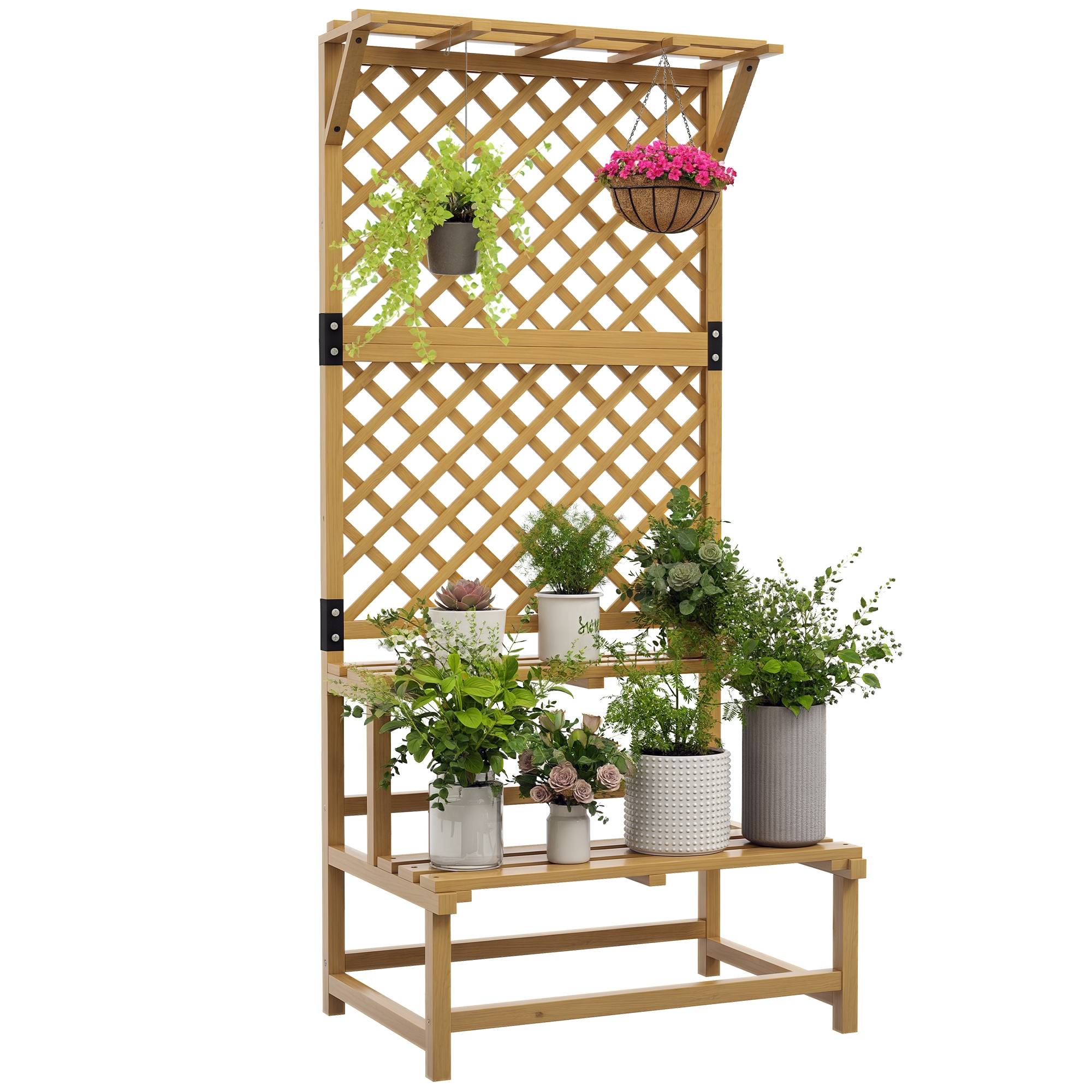 Étagère à plantes 2 niveaux avec treillis et toit, bois, 75x50x166 cm, jaune - Image 1