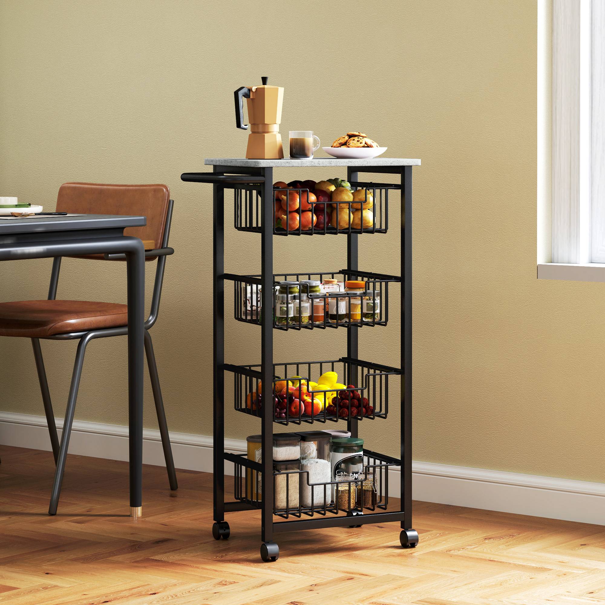 Desserte cuisine 4 niveaux chariot de service sur roulettes plan de travail cadre en acier 49,5 x 31 x 91 cm gris clair - Image 9