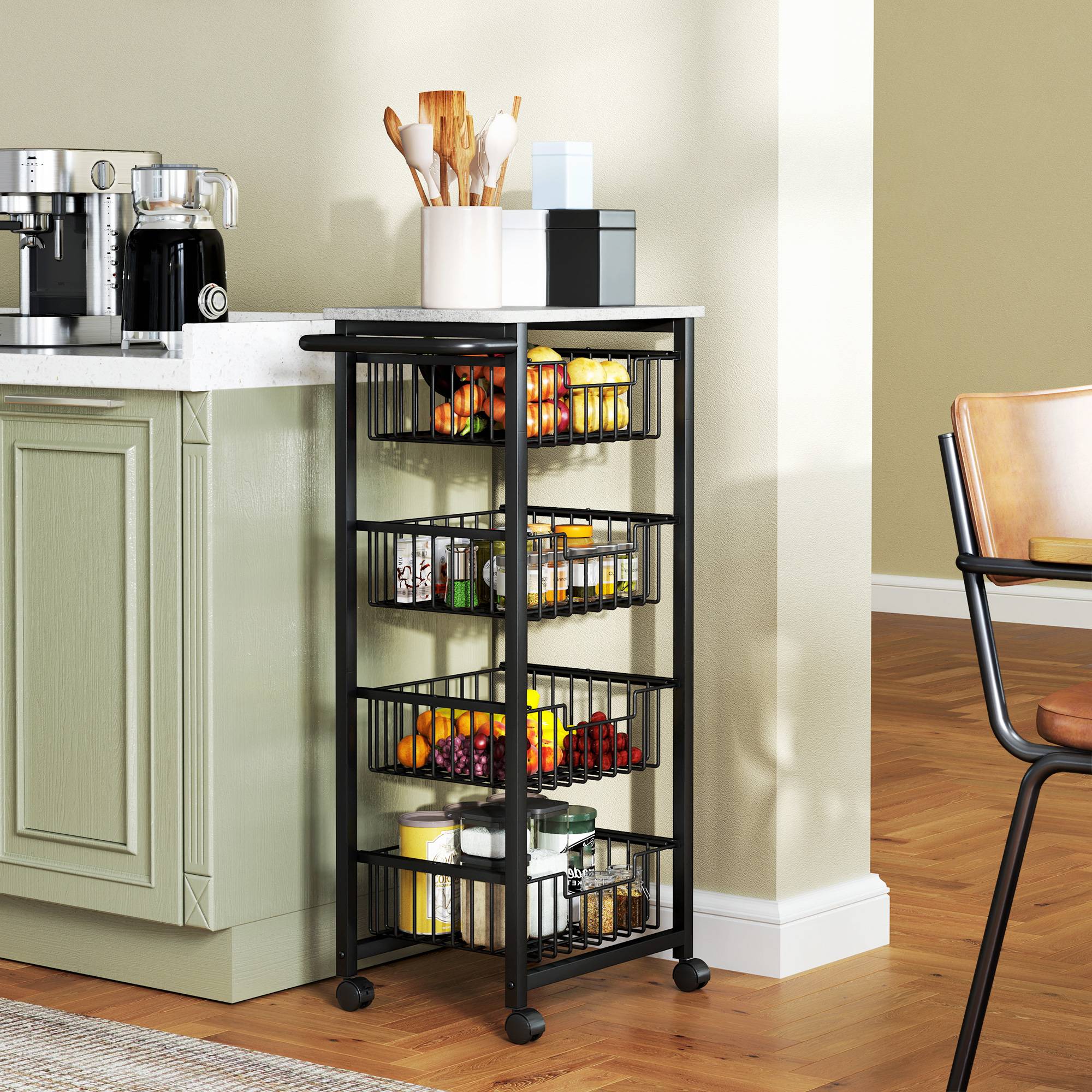 Desserte cuisine 4 niveaux chariot de service sur roulettes plan de travail cadre en acier 49,5 x 31 x 91 cm gris clair - Image 3