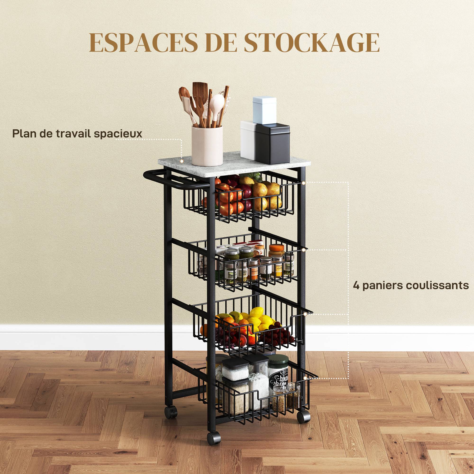 Desserte cuisine 4 niveaux chariot de service sur roulettes plan de travail cadre en acier 49,5 x 31 x 91 cm gris clair - Image 6