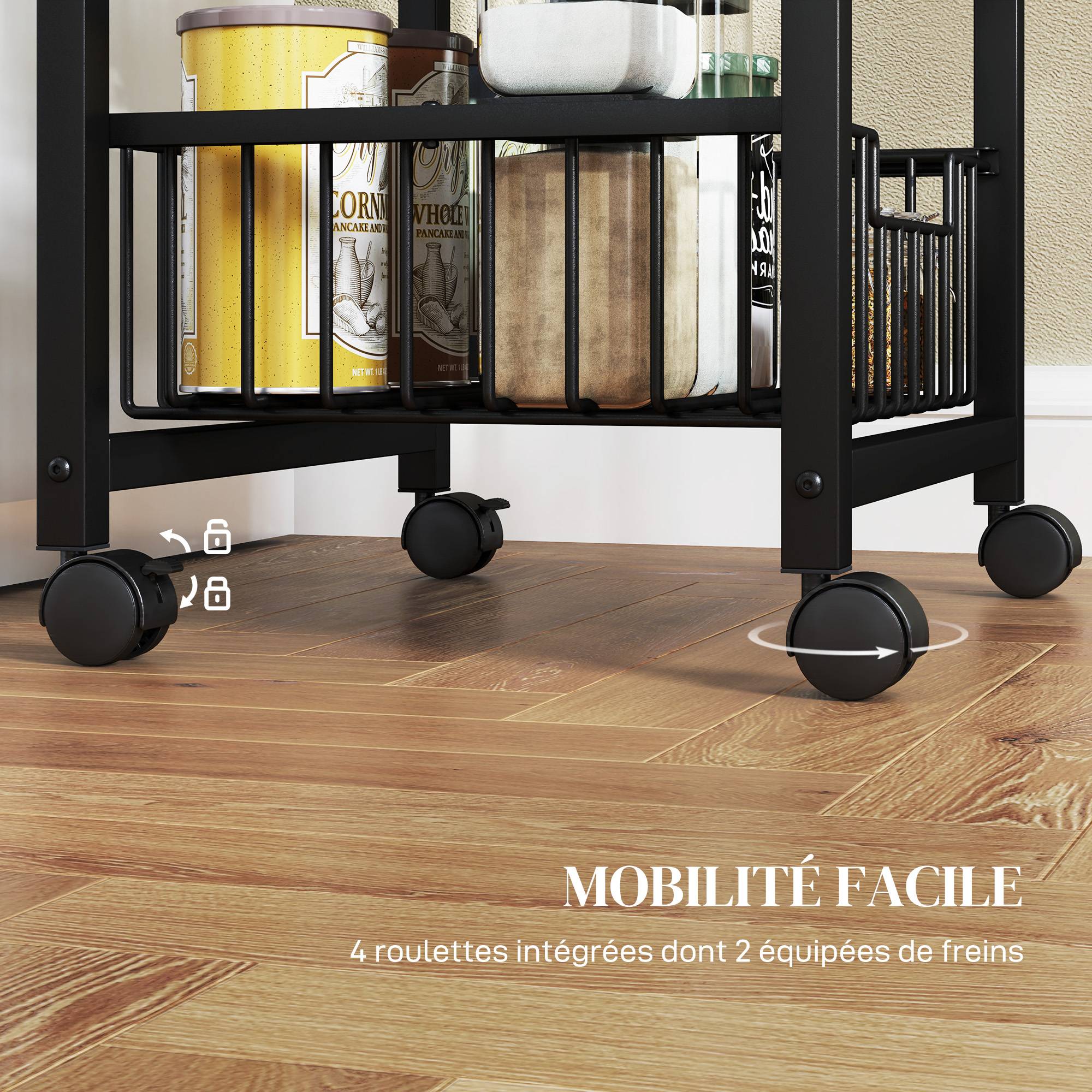 Desserte cuisine 4 niveaux chariot de service sur roulettes plan de travail cadre en acier 49,5 x 31 x 91 cm gris clair - Image 7