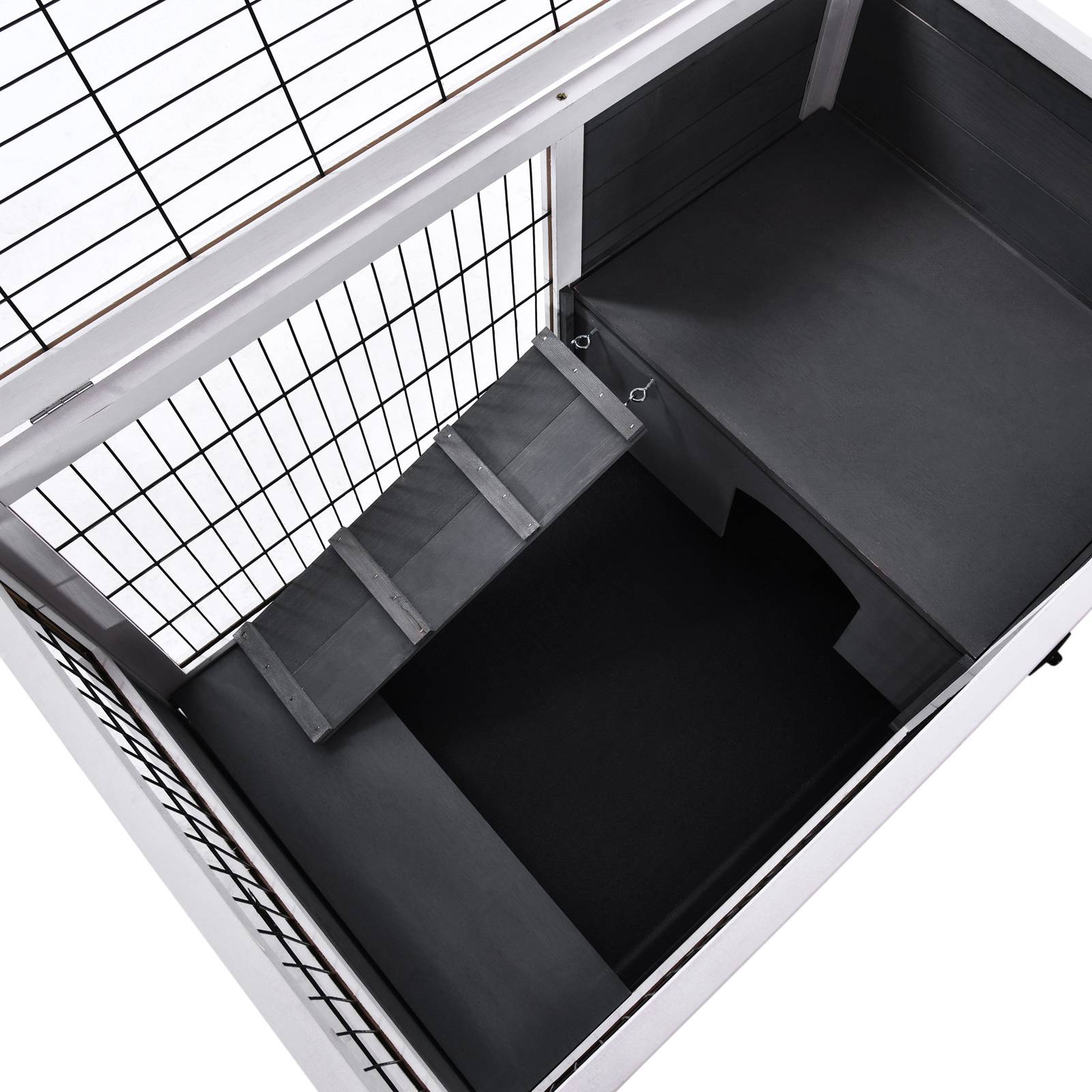 Sans Marque - Clapier lapin intérieur, toit ouvrant, roulettes, plateau amovible, rampe, bois, 90x53x59 cm, gris foncé/blanc - Image 10