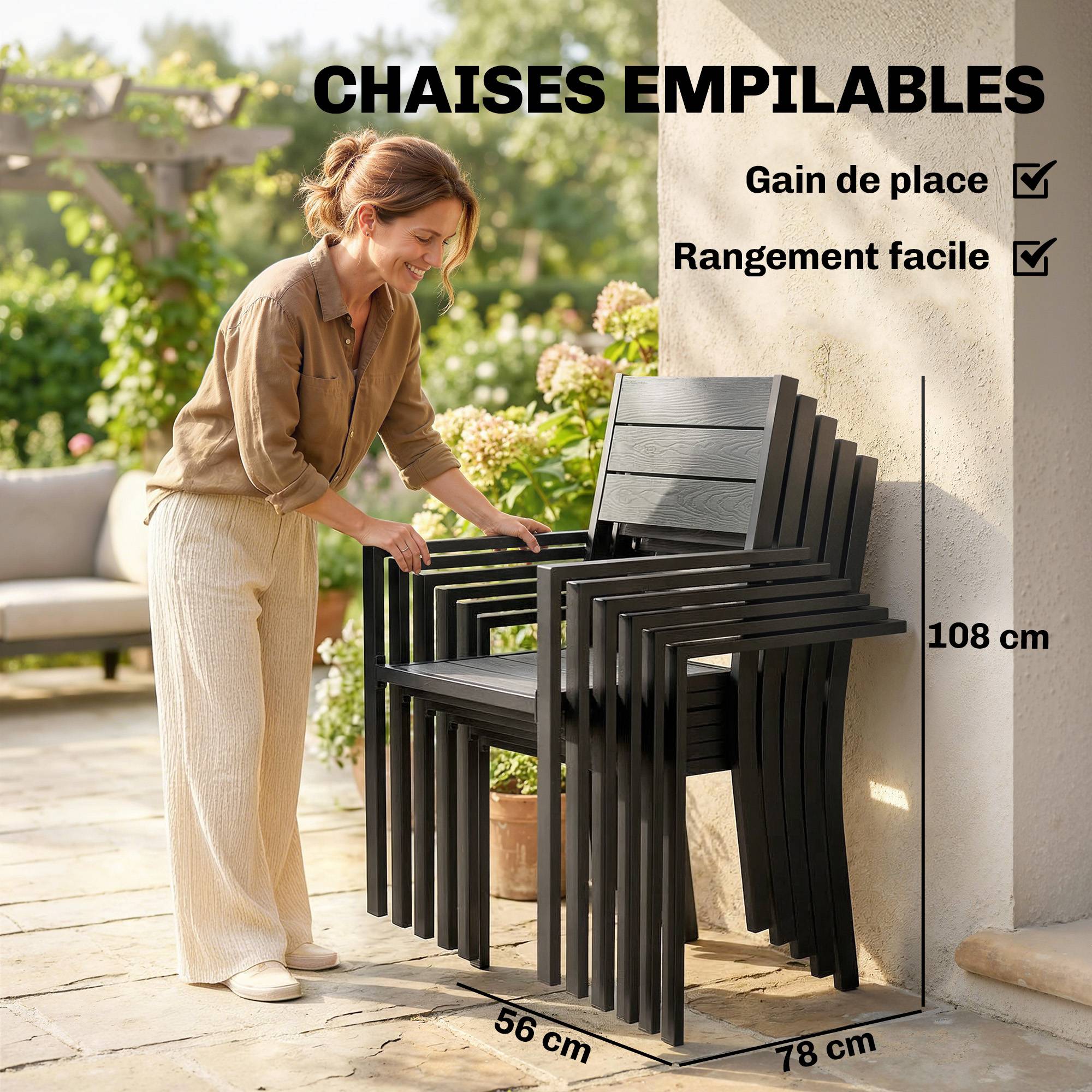Ensemble de Salle à Manger Extérieur 7 Pièces pour 6 Personnes, Table et Chaises Empilables avec Lattes Effet Bois, Cadre en Aluminium, Gris - Image 8