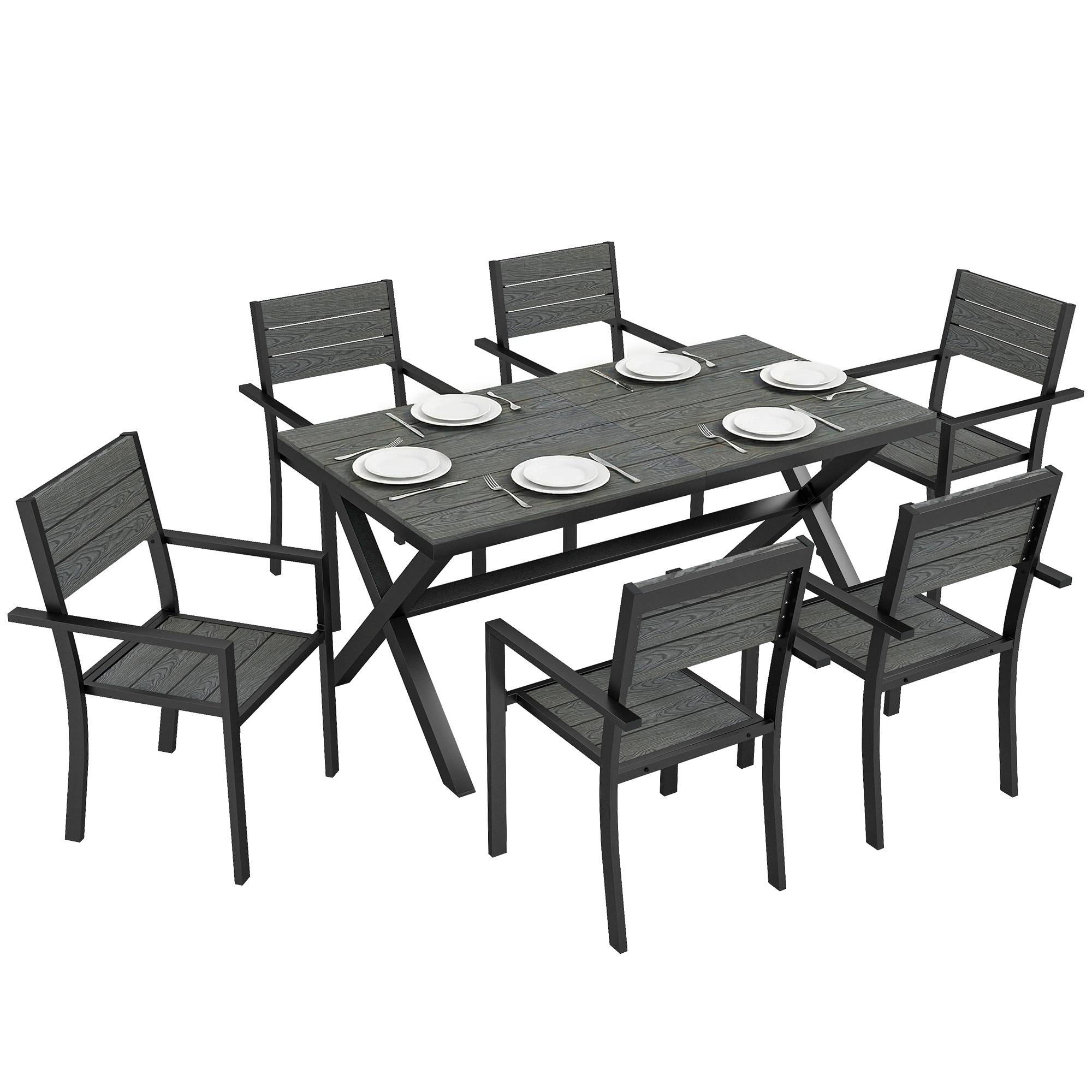 Ensemble de Salle à Manger Extérieur 7 Pièces pour 6 Personnes, Table et Chaises Empilables avec Lattes Effet Bois, Cadre en Aluminium, Gris - Image 1