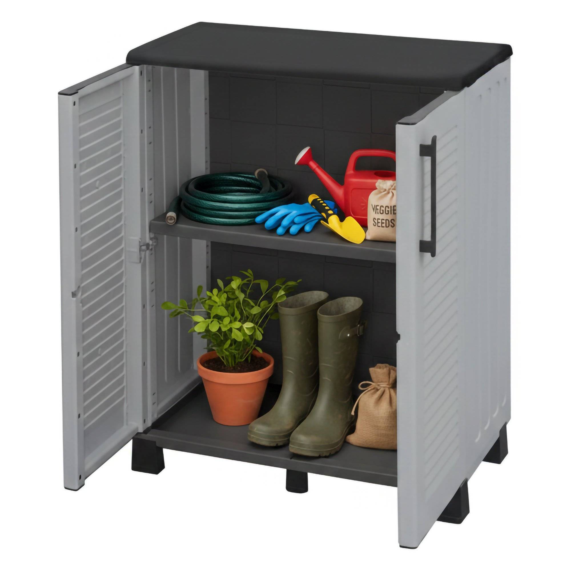Dmora - Armoire d'extérieur Wavre, Armoire de balcon polyvalente, Armoire d'extérieur 2 portes, 68x37h90 cm, Gris clair et noir, Finition rayée - Dmora - Imagen 1