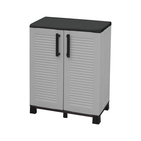 Dmora - Armoire d'extérieur Wavre, Armoire de balcon polyvalente, Armoire d'extérieur 2 portes, 68x37h90 cm, Gris clair et noir, Finition rayée - Dmora - Image 1