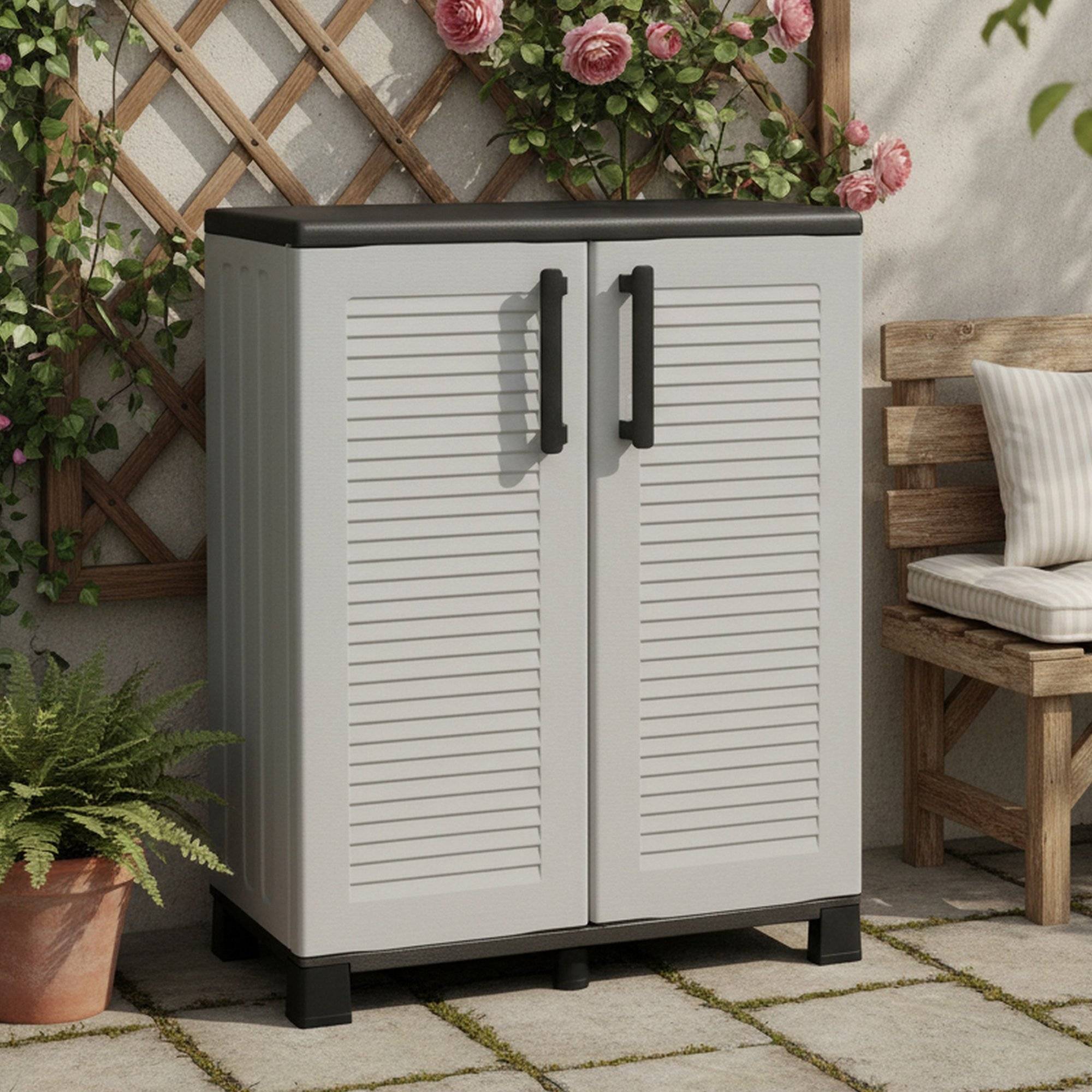 Dmora - Armoire d'extérieur Wavre, Armoire de balcon polyvalente, Armoire d'extérieur 2 portes, 68x37h90 cm, Gris clair et noir, Finition rayée - Dmora - Imagen 2