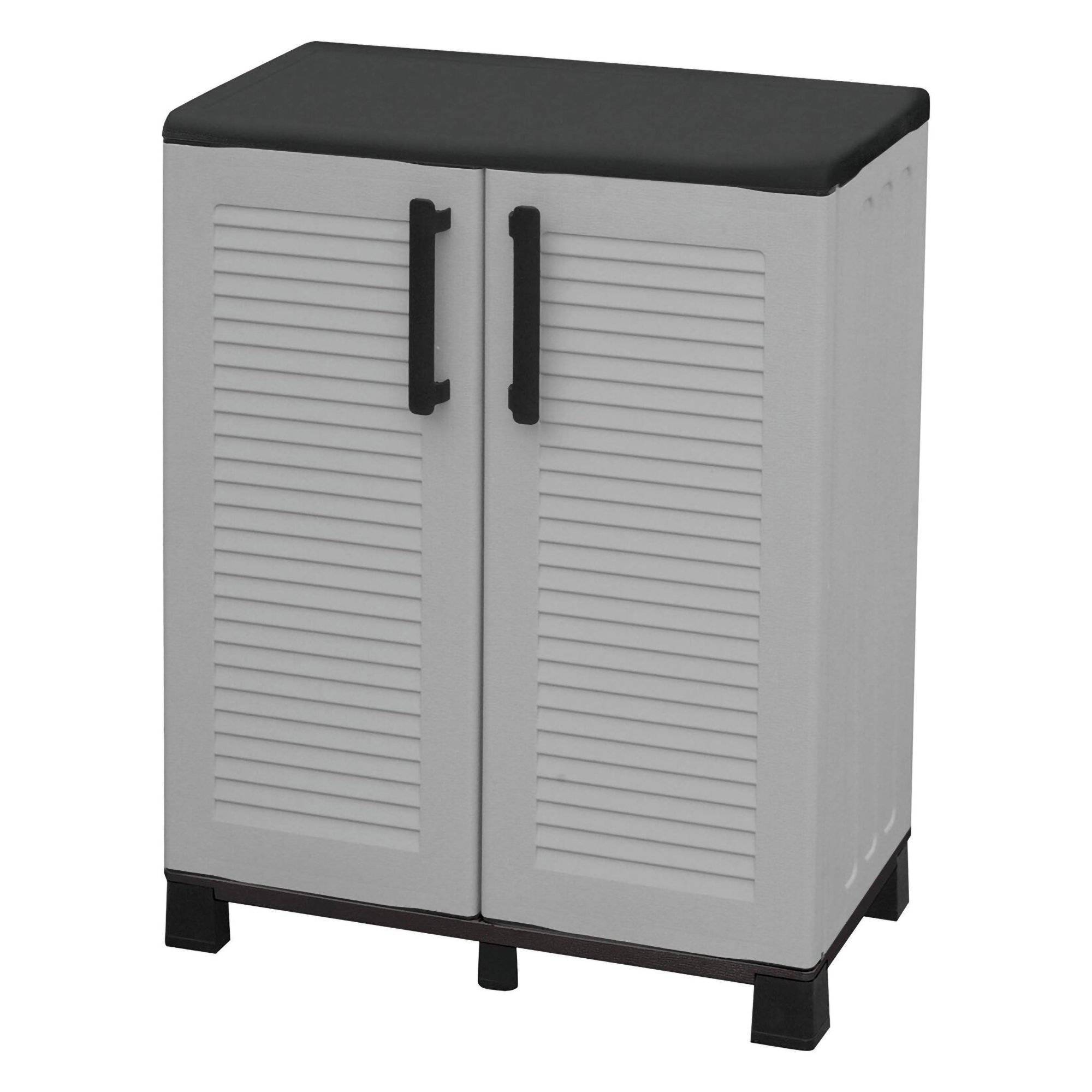 Dmora - Armoire d'extérieur Wavre, Armoire de balcon polyvalente, Armoire d'extérieur 2 portes, 68x37h90 cm, Gris clair et noir, Finition rayée - Dmora - Imagen 4