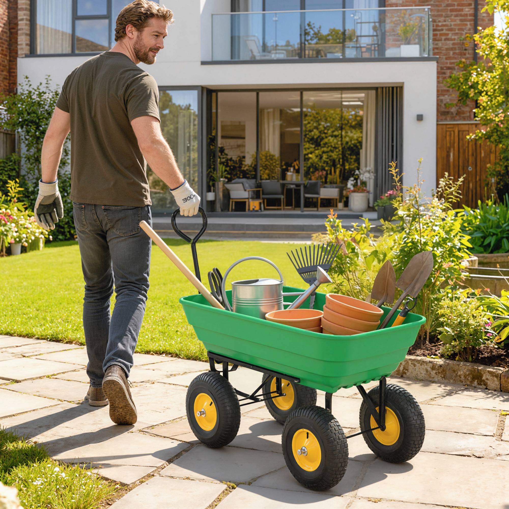 Chariot de jardin acier plastique pour extérieur cuve inclinable 75L 109x52cm vert - ComfortXL Outdoor Living - Image 3