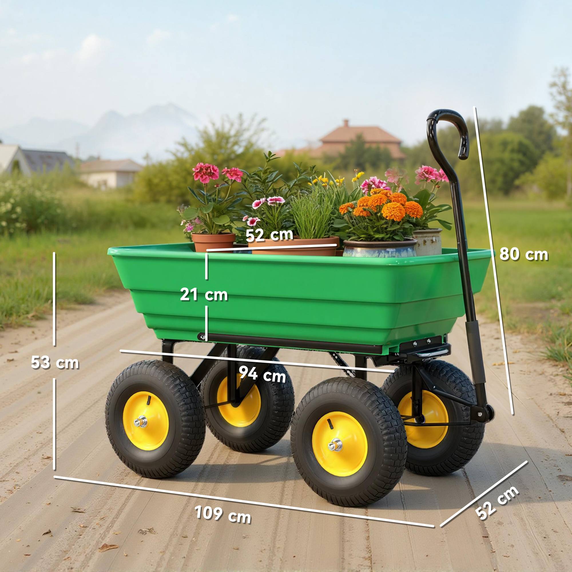 Chariot de jardin acier plastique pour extérieur cuve inclinable 75L 109x52cm vert - ComfortXL Outdoor Living - Image 5