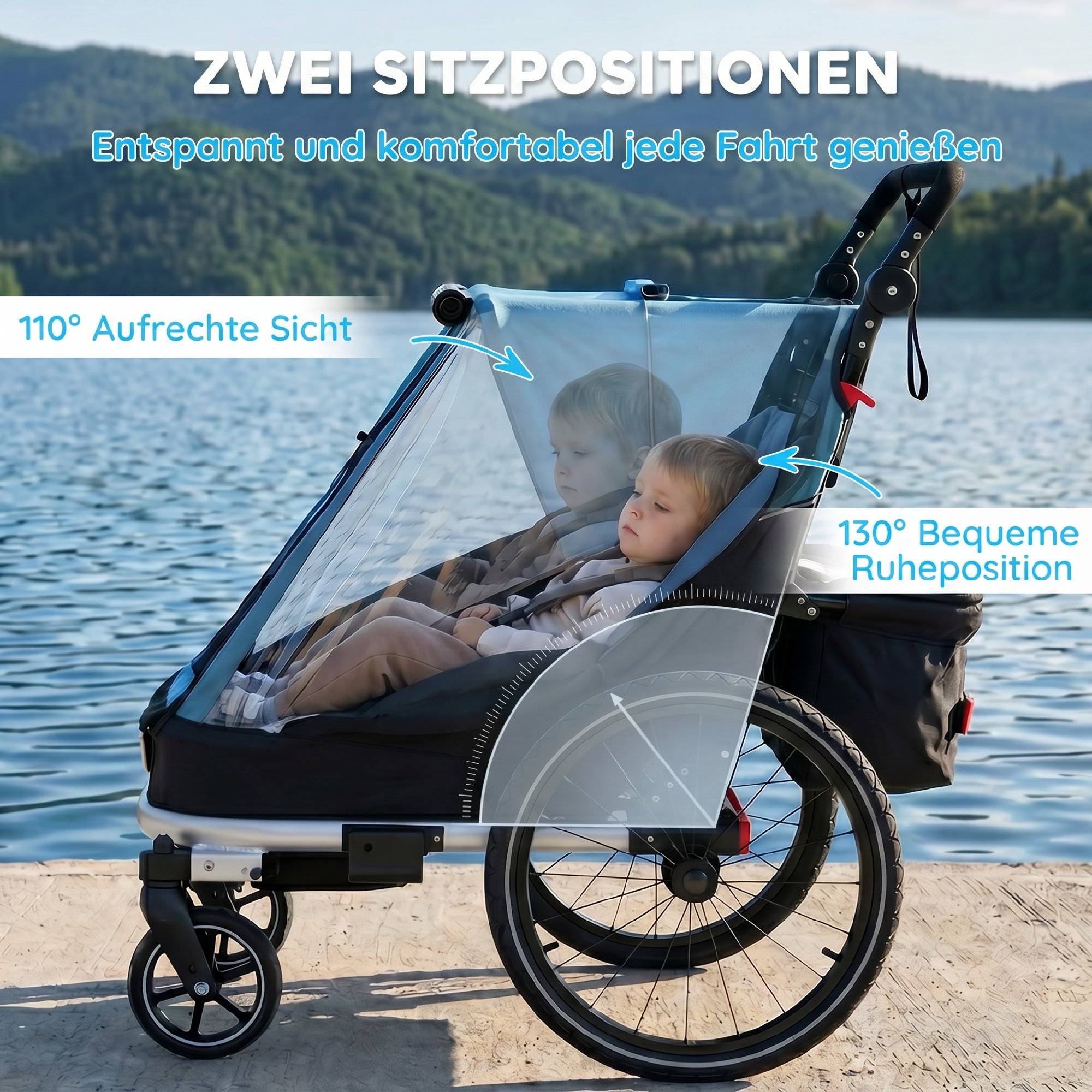 Remorque vélo enfants 2 places, 2-en-1 pliable, siège réglable, sangles, bleu - Image 8