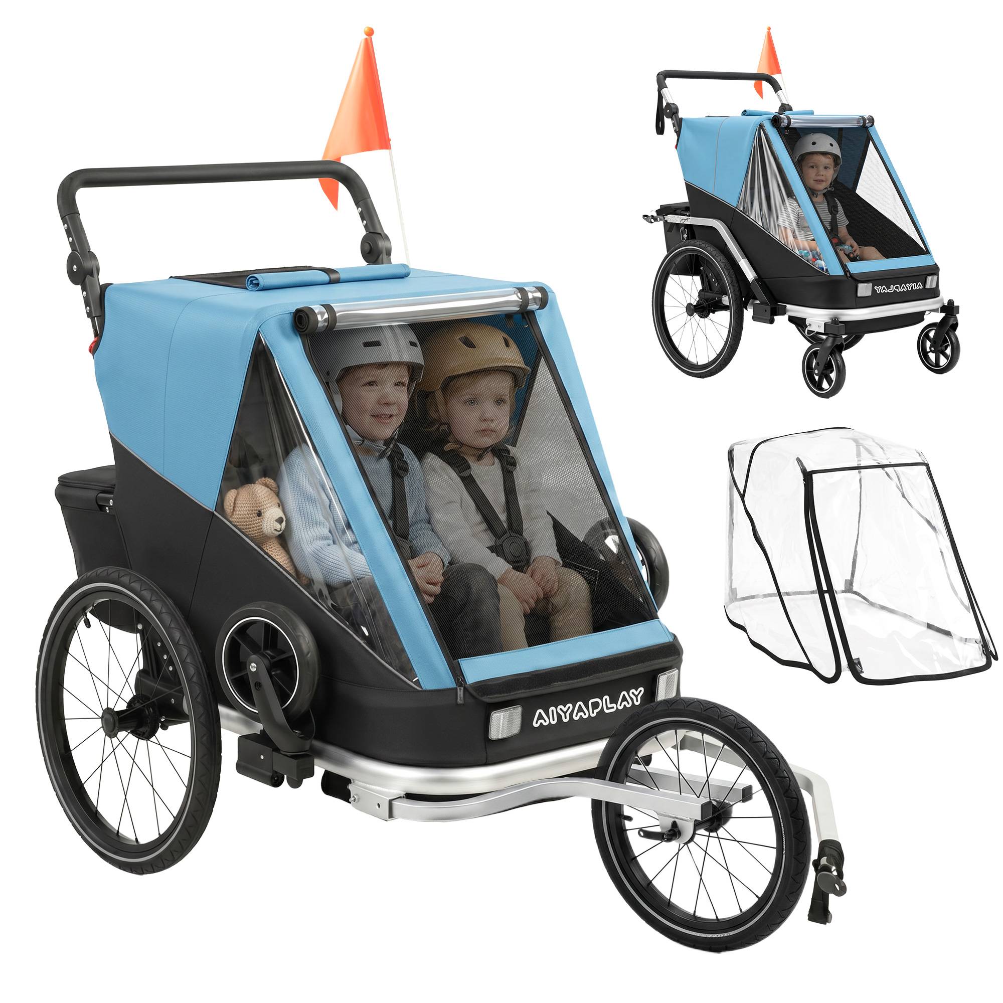 Remorque vélo enfants 2 places, 2-en-1 pliable, siège réglable, sangles, bleu - Image 1
