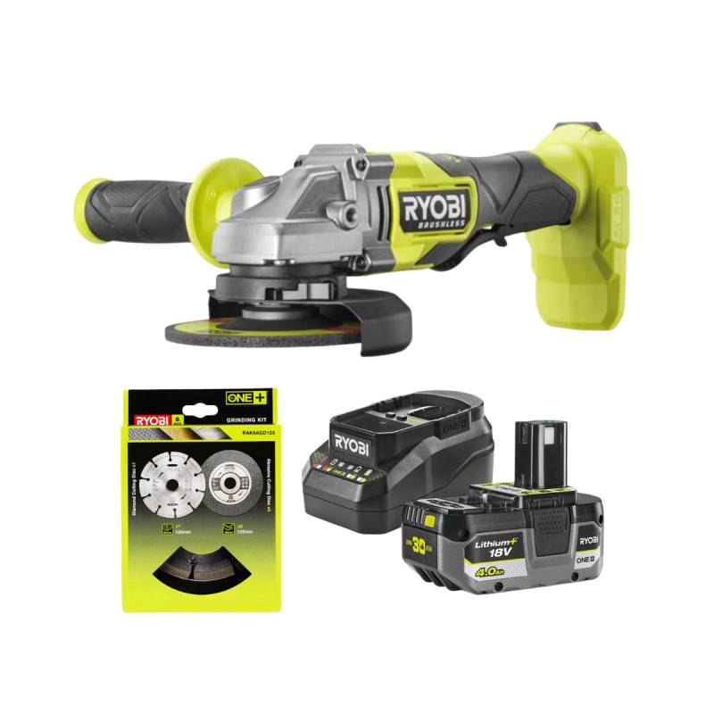 Ryobi - Meuleuse d'angle RYOBI 18V One+ Brushless RAG18BL - 125mm - Batterie 4,0Ah et chargeur - Lot de 6 disques