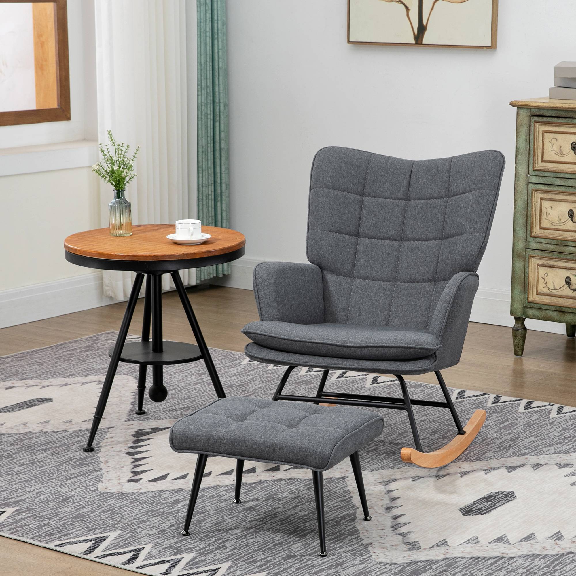 Sans Marque - Fauteuil à bascule avec repose-pieds, rocking chair, assise large, dossier haut, coussin inclus, 64 x 89 x 90 cm, gris - Image 3