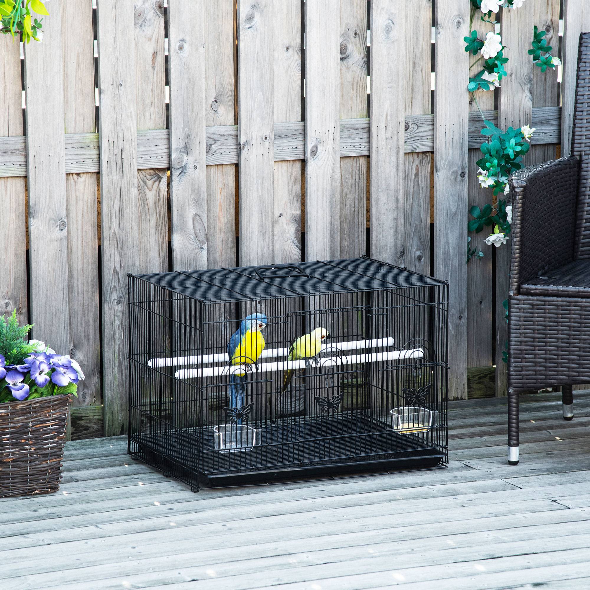 Cage pour oiseaux avec 2 perchoirs et 3 entrées en fil métallique et plastique, 60x41x41 cm, noir - Image 4