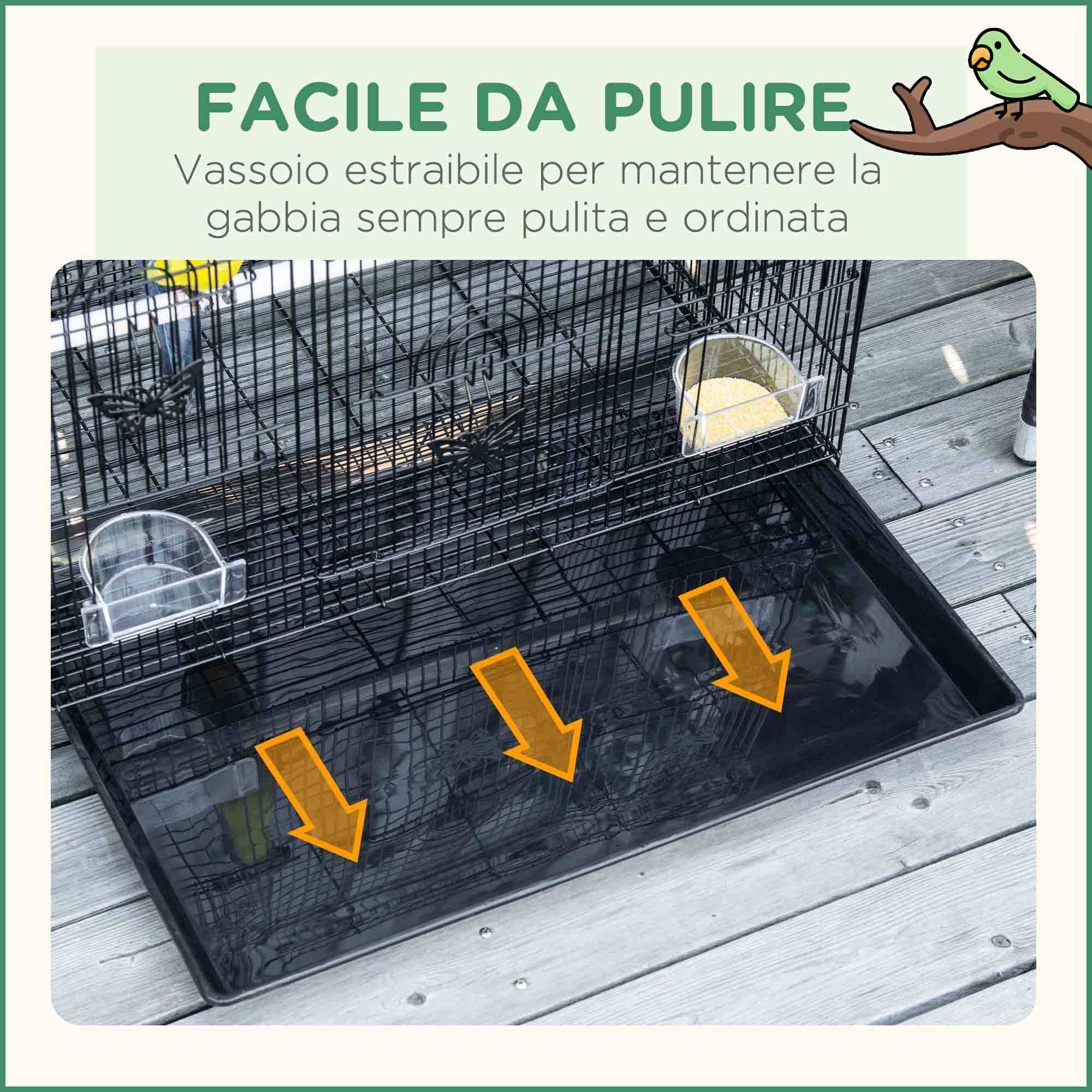 Cage pour oiseaux avec 2 perchoirs et 3 entrées en fil métallique et plastique, 60x41x41 cm, noir - Image 7