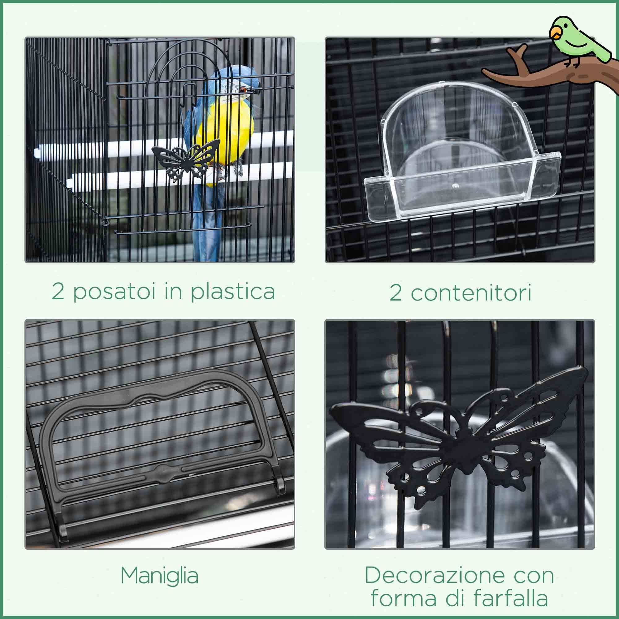 Cage pour oiseaux avec 2 perchoirs et 3 entrées en fil métallique et plastique, 60x41x41 cm, noir - Image 8