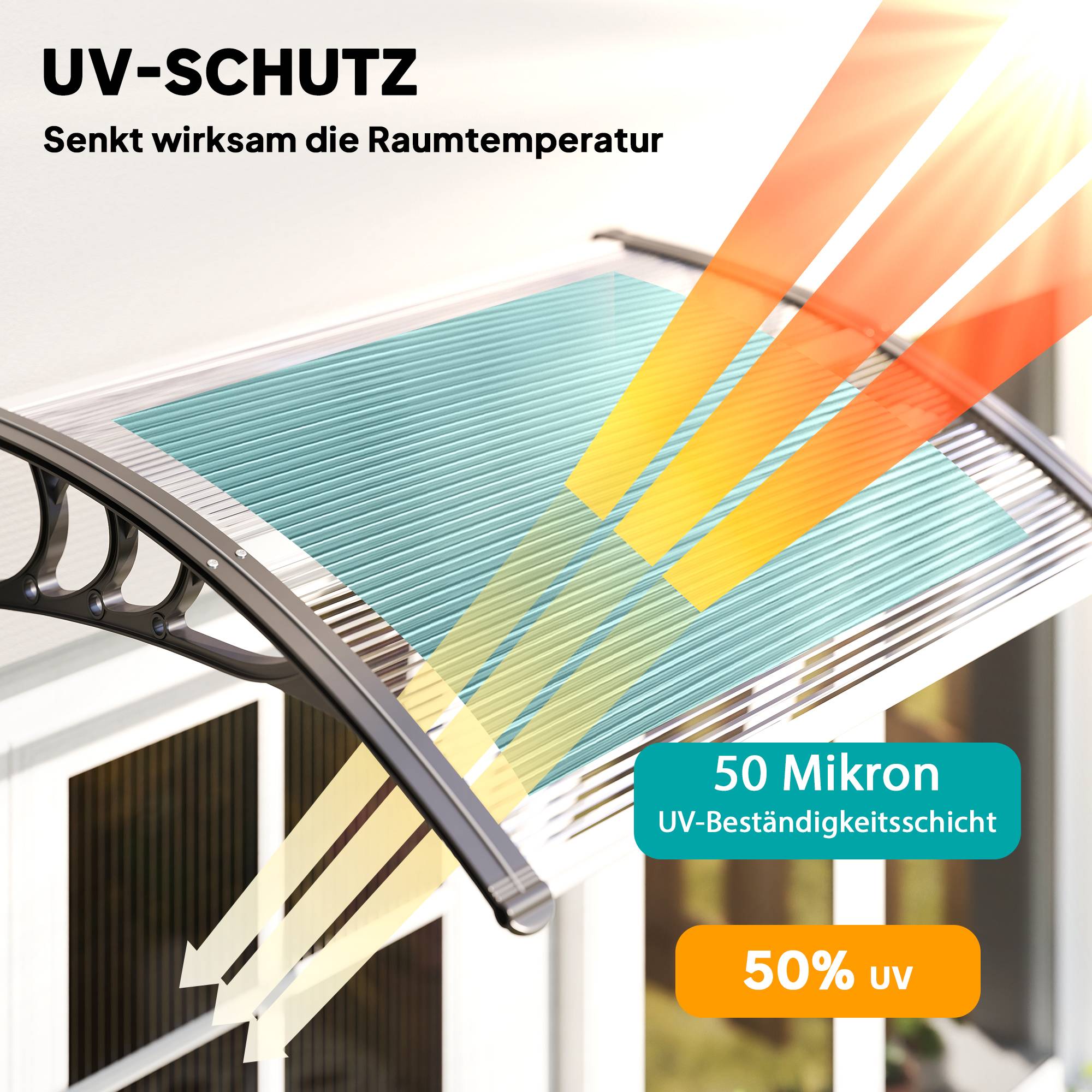 Auvent porte fenêtre polycarbonate aluminium protection pluie 100x75cm transparent noir - ComfortXL Outdoor Living - Image 6