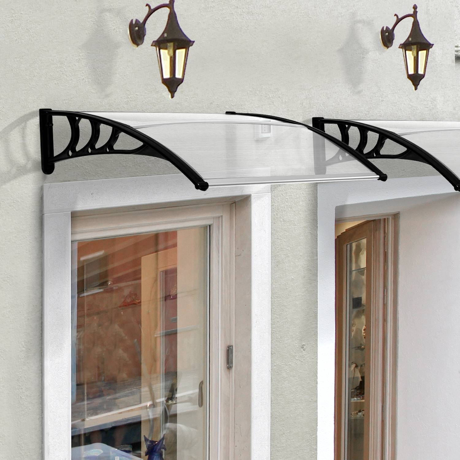 Auvent porte fenêtre polycarbonate aluminium protection pluie 100x75cm transparent noir - ComfortXL Outdoor Living - Image 3