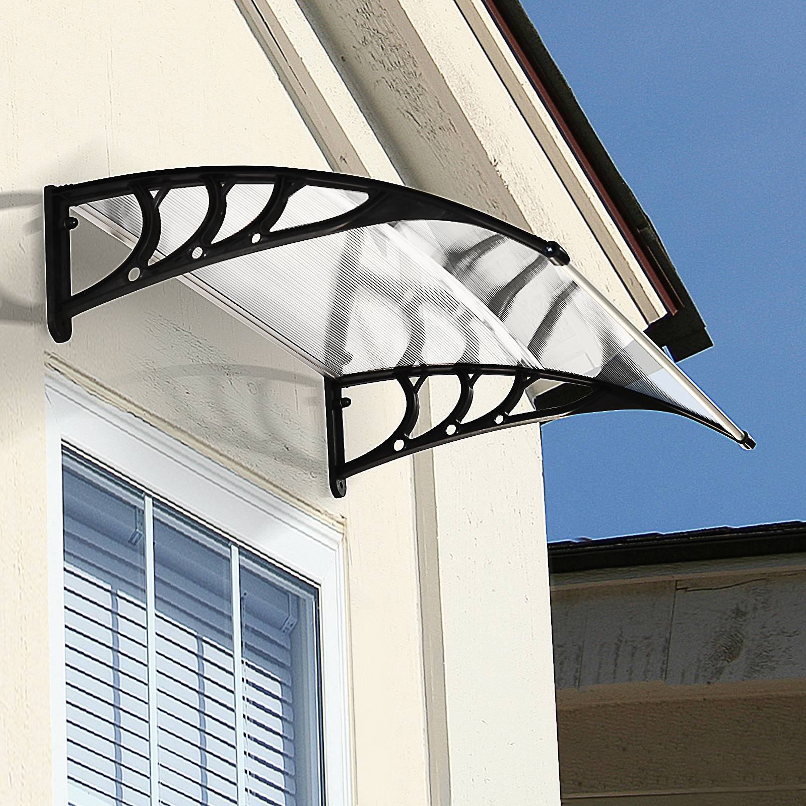 Auvent porte fenêtre polycarbonate aluminium protection pluie 100x75cm transparent noir - ComfortXL Outdoor Living - Image 4