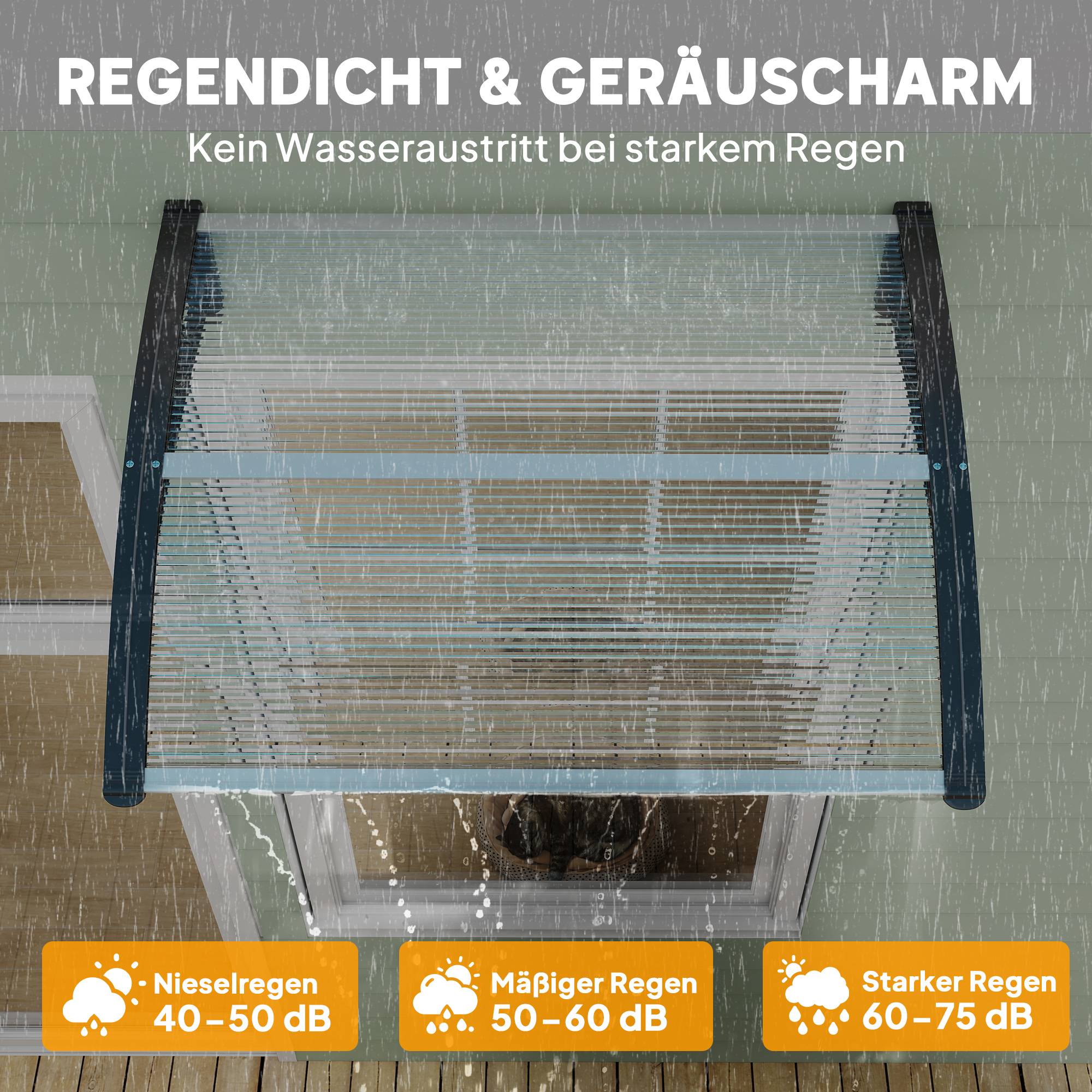 Auvent porte fenêtre polycarbonate aluminium protection pluie 100x75cm transparent noir - ComfortXL Outdoor Living - Image 7
