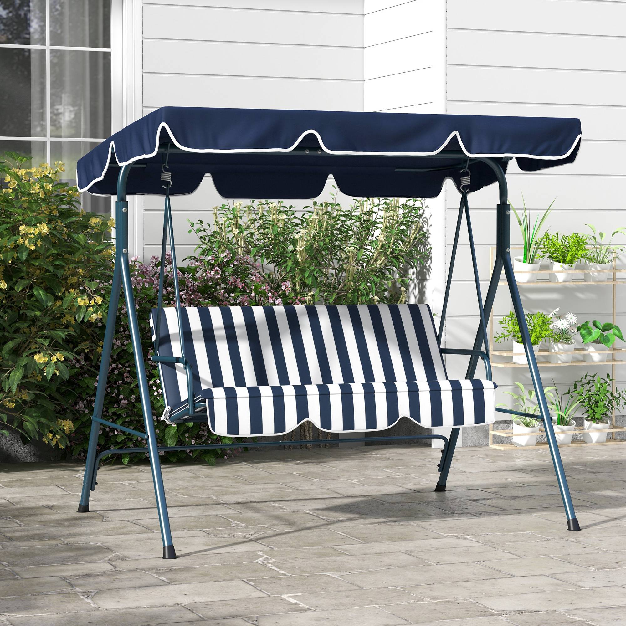 Outsunny - Balancelle de jardin 3 places toit réglable acier polyester bleu blanc rayé - Imagen 2