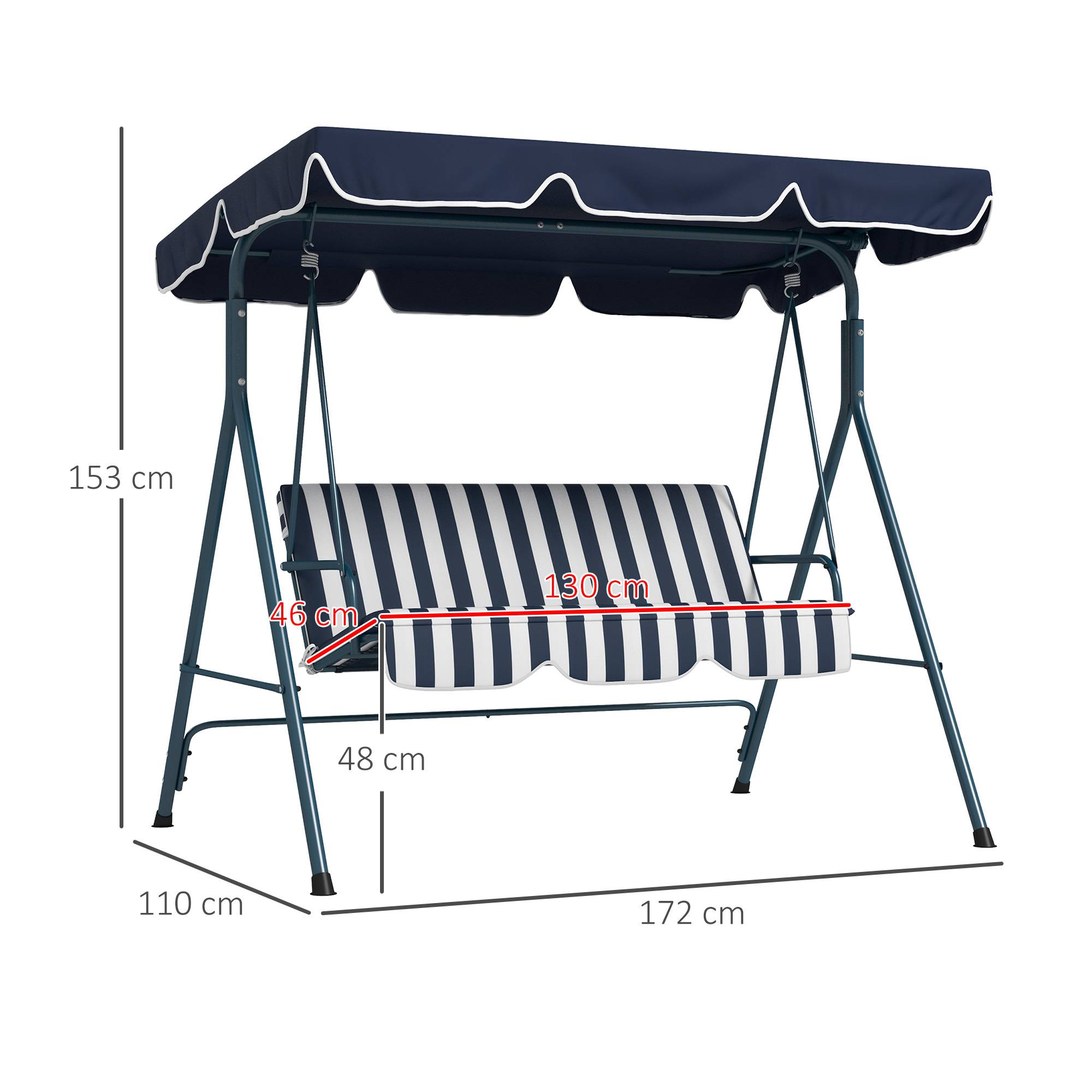 Outsunny - Balancelle de jardin 3 places toit réglable acier polyester bleu blanc rayé - Imagen 3