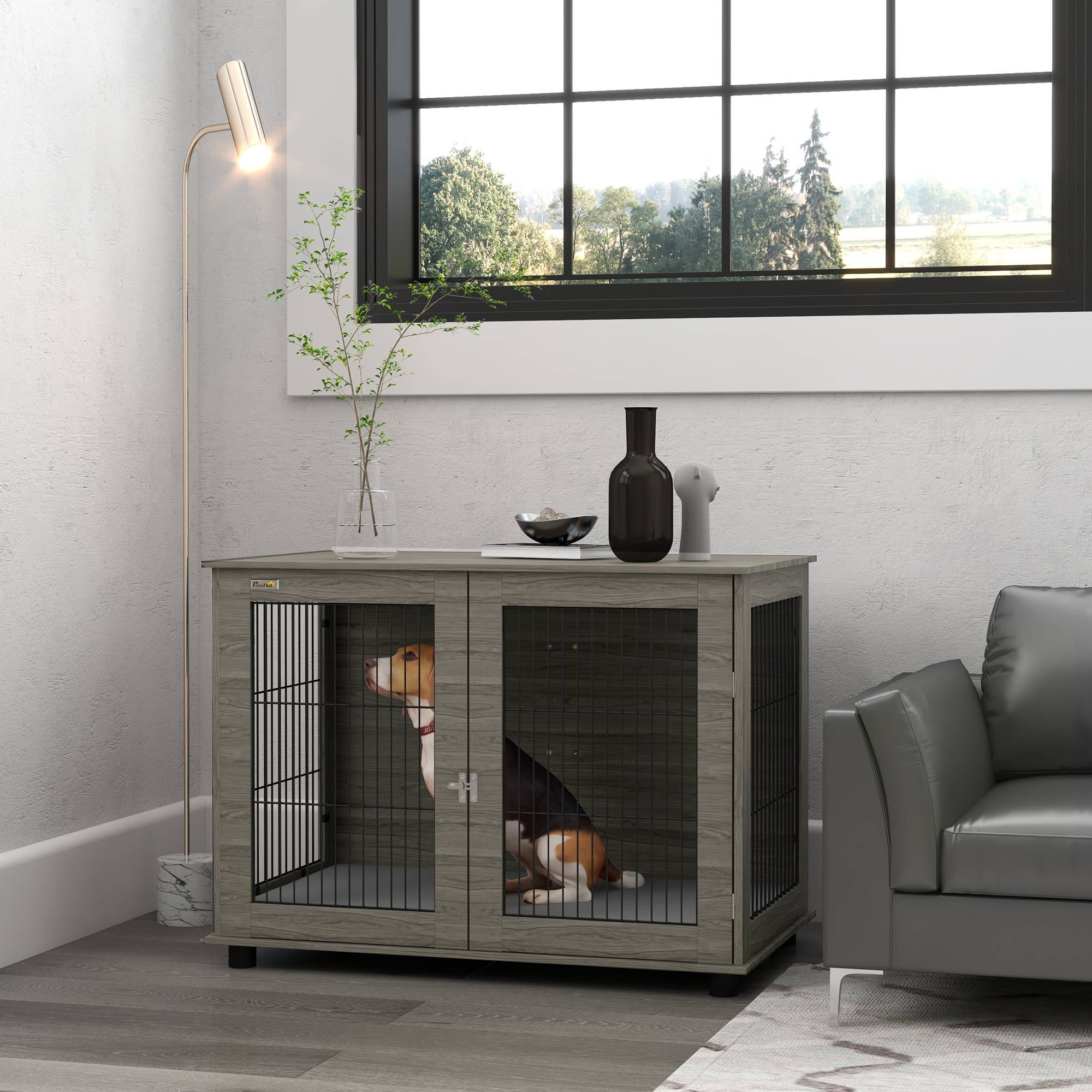 Cage intérieur acier bois grand chien table appoint coussin déhoussable 100x60x73cm gris - ComfortXL Outdoor Living - Image 4
