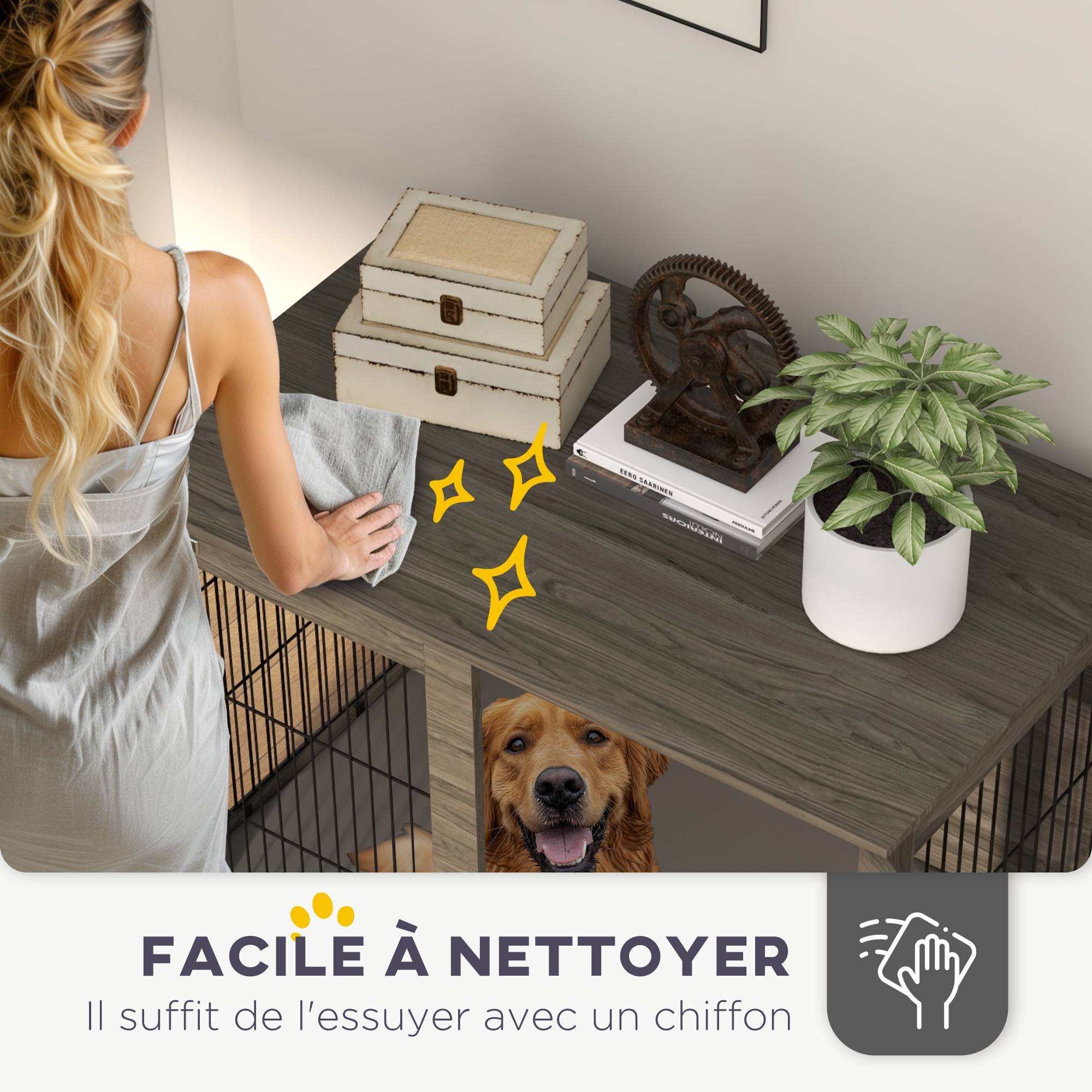 Cage intérieur acier bois grand chien table appoint coussin déhoussable 100x60x73cm gris - ComfortXL Outdoor Living - Image 10
