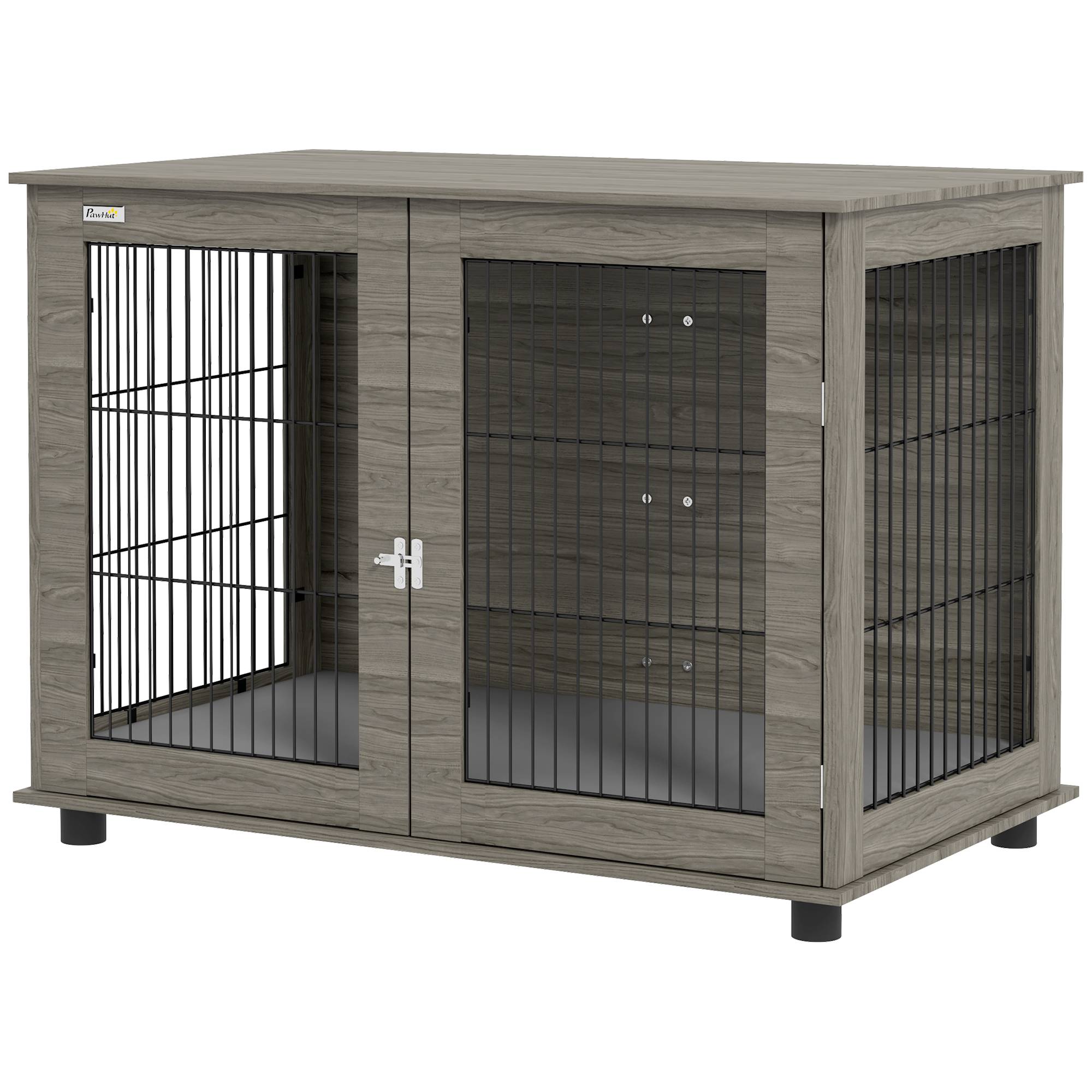 Cage intérieur acier bois grand chien table appoint coussin déhoussable 100x60x73cm gris - ComfortXL Outdoor Living - Image 2