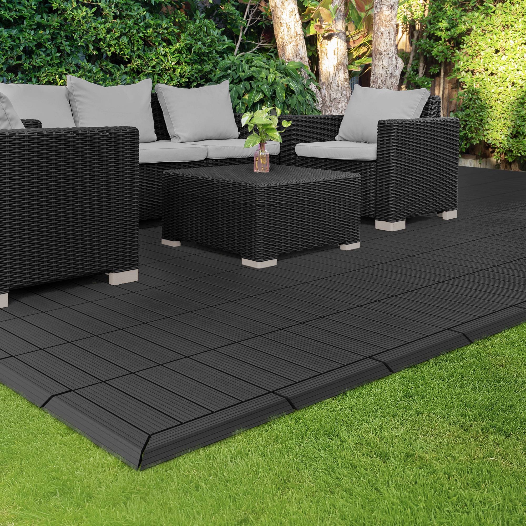 Bordure de finition coin gauche 38x2x7,5cm anthracite Plinthe d'angle striée aspect de bois drainage et structure de support système d'encliquetage - Image 8