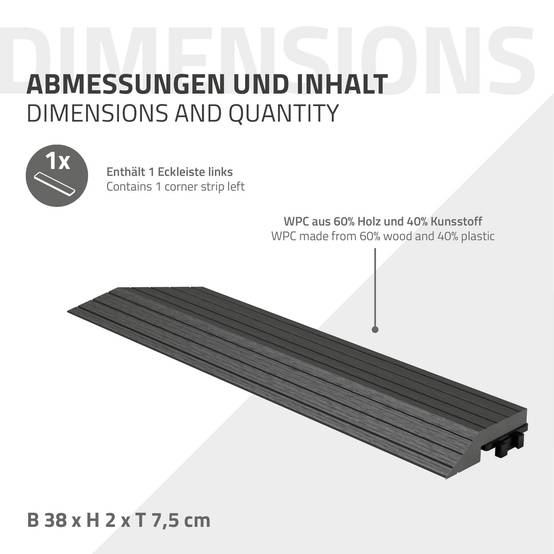 Bordure de finition coin gauche 38x2x7,5cm anthracite Plinthe d'angle striée aspect de bois drainage et structure de support système d'encliquetage - Image 6