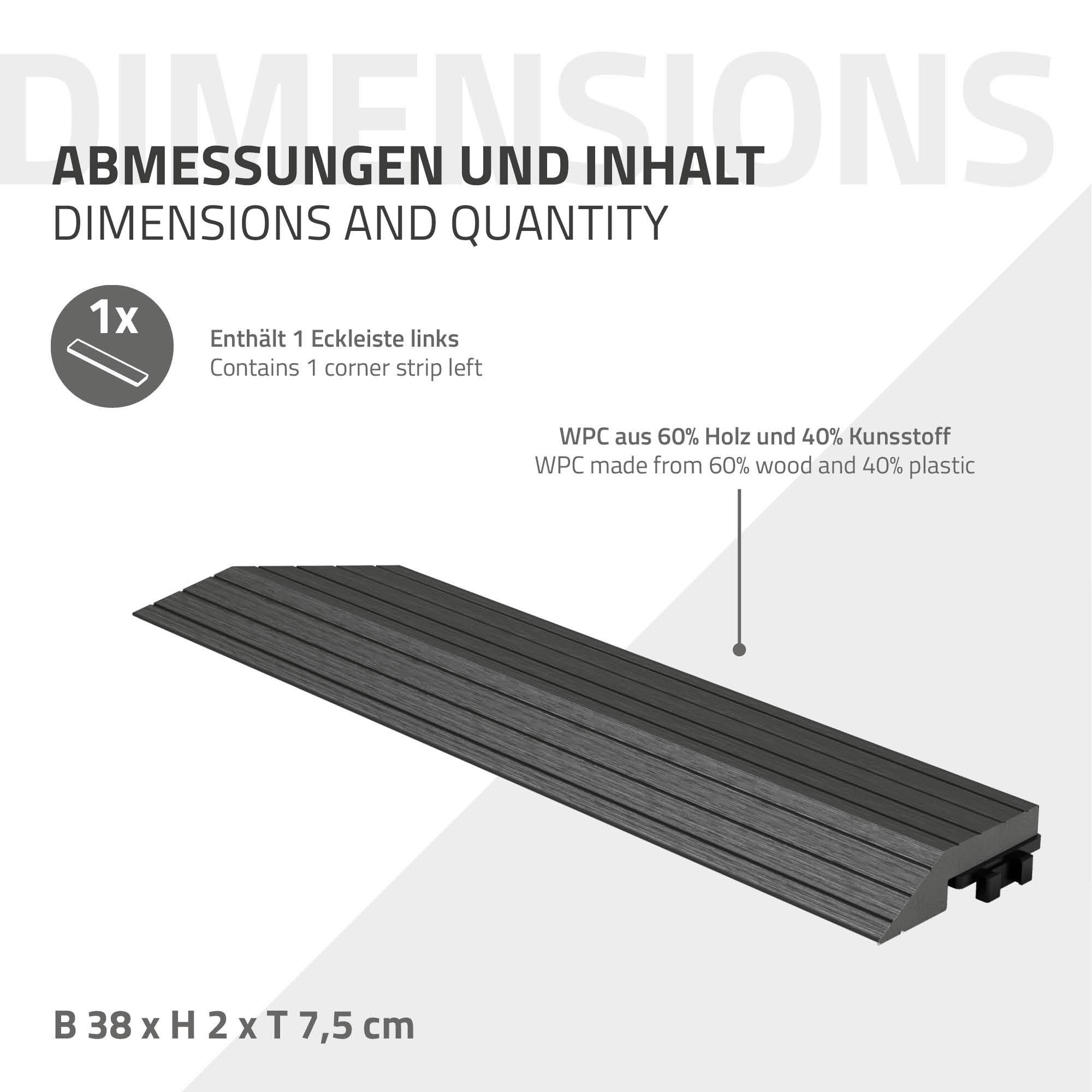 Bordure de finition coin gauche 38x2x7,5cm anthracite Plinthe d'angle striée aspect de bois drainage et structure de support système d'encliquetage - Image 6