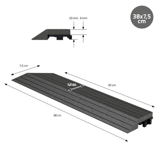 Bordure de finition coin gauche 38x2x7,5cm anthracite Plinthe d'angle striée aspect de bois drainage et structure de support système d'encliquetage - Image 7