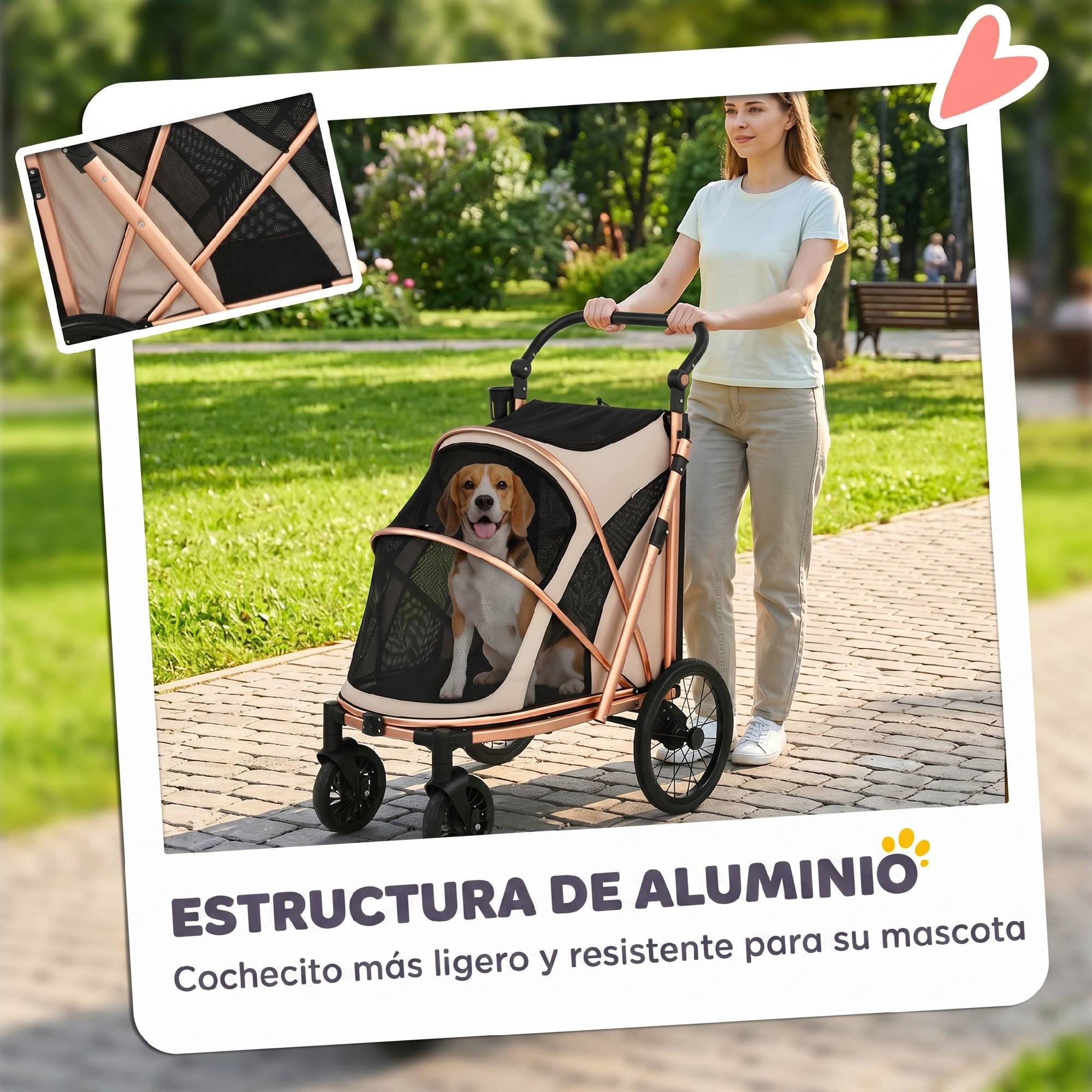 Poussette pliable pour chien jusqu'à 20 kg avec grandes roues, suspension et frein, fenêtres en filet, coussin marron clair - Image 6