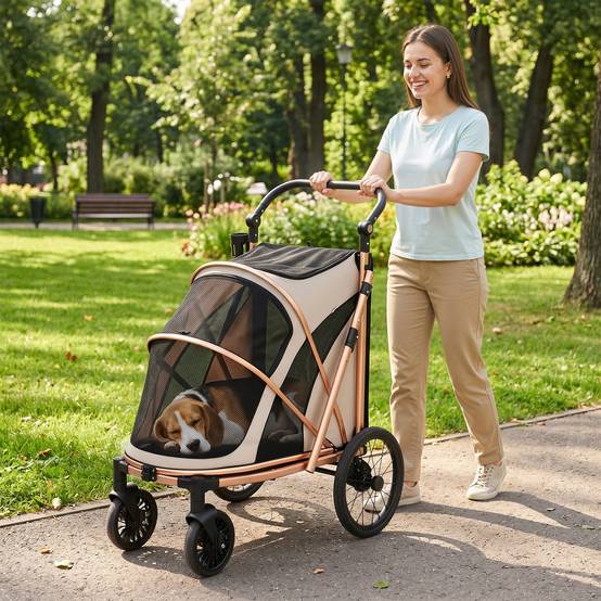 Poussette pliable pour chien jusqu'à 20 kg avec grandes roues, suspension et frein, fenêtres en filet, coussin marron clair - Image 4