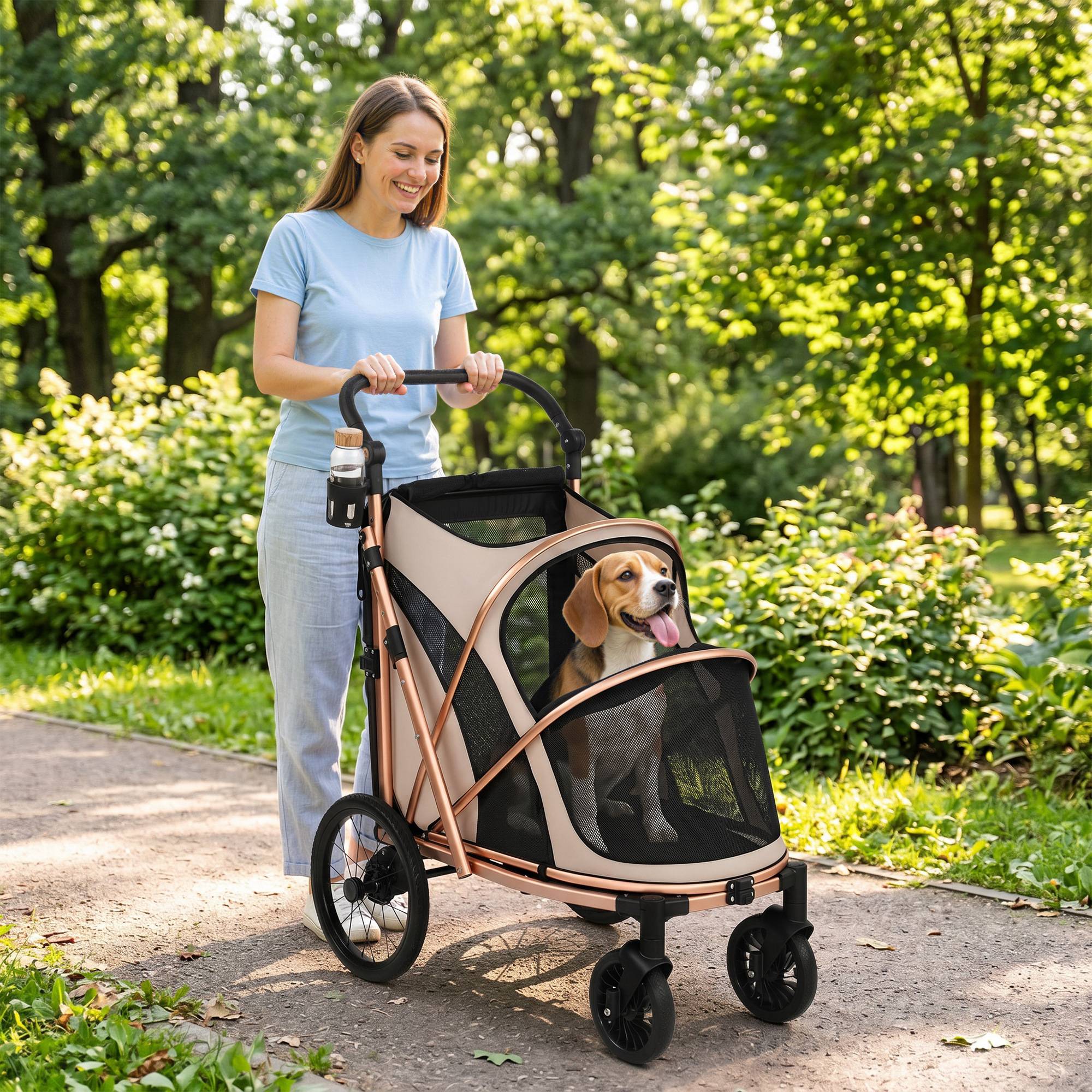 Poussette pliable pour chien jusqu'à 20 kg avec grandes roues, suspension et frein, fenêtres en filet, coussin marron clair - Image 3