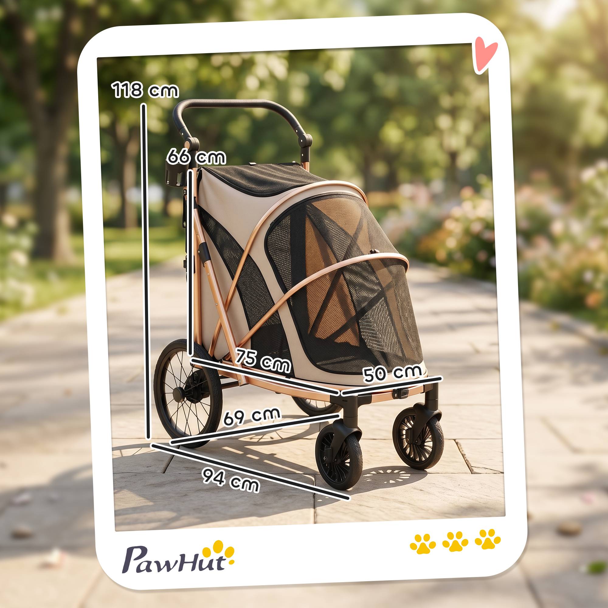 Poussette pliable pour chien jusqu'à 20 kg avec grandes roues, suspension et frein, fenêtres en filet, coussin marron clair - Image 5