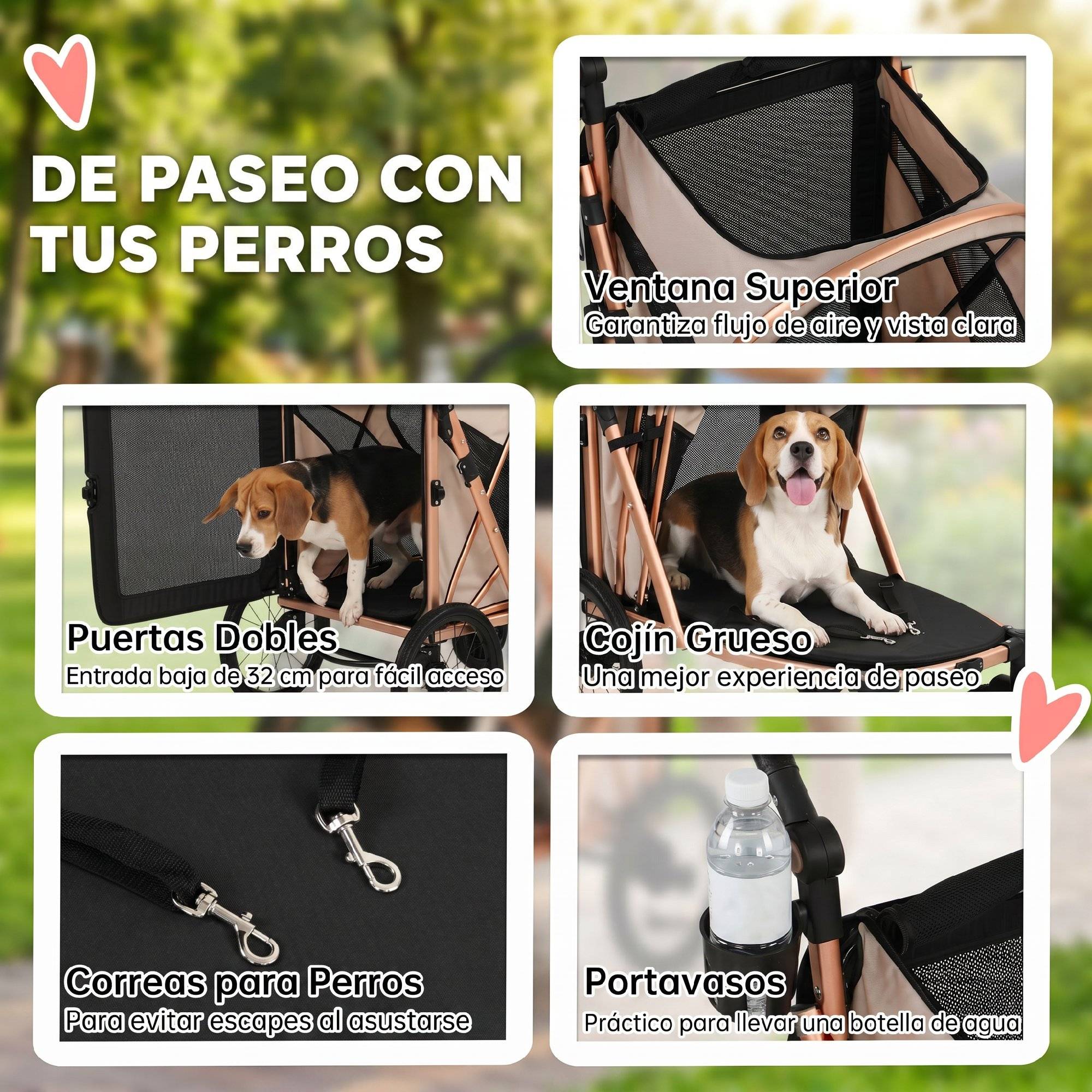 Poussette pliable pour chien jusqu'à 20 kg avec grandes roues, suspension et frein, fenêtres en filet, coussin marron clair - Image 9