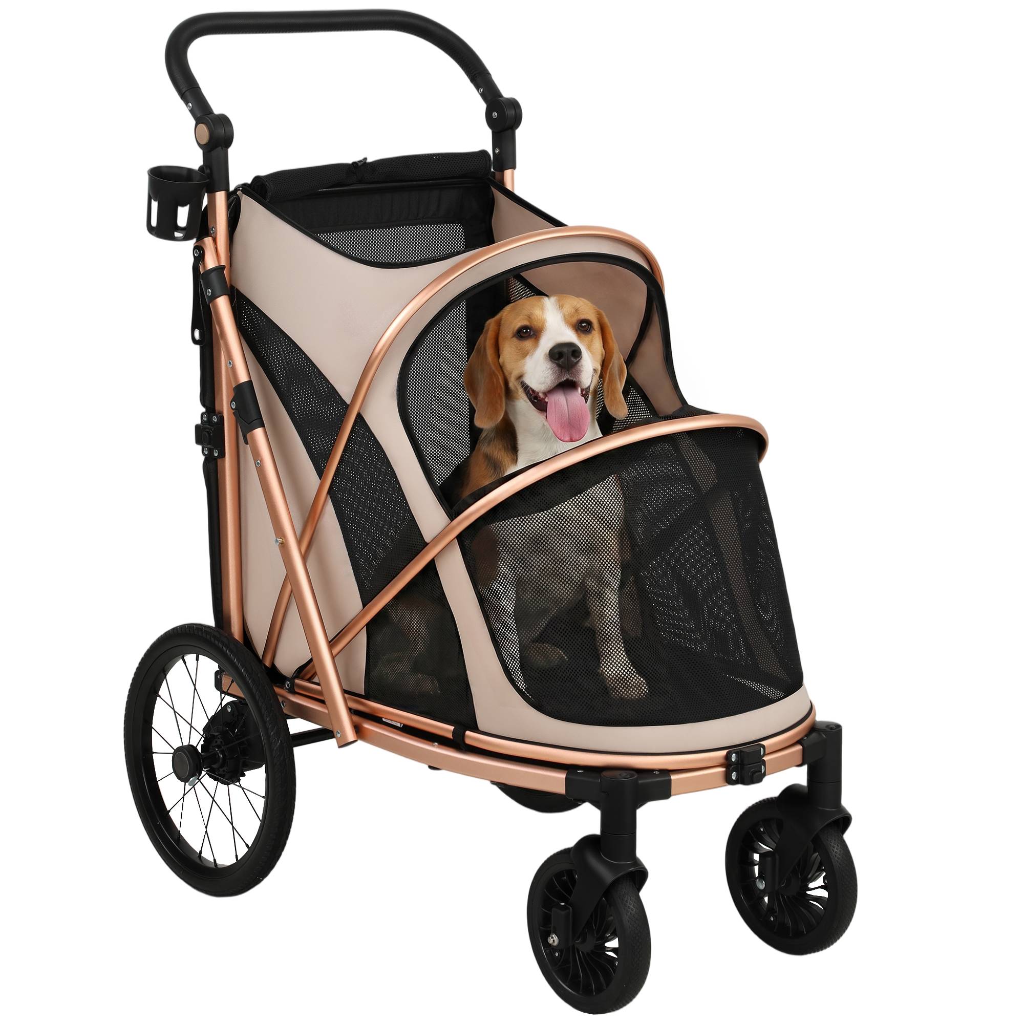 Poussette pliable pour chien jusqu'à 20 kg avec grandes roues, suspension et frein, fenêtres en filet, coussin marron clair - Image 1