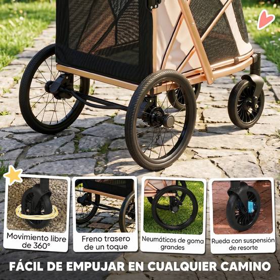 Poussette pliable pour chien jusqu'à 20 kg avec grandes roues, suspension et frein, fenêtres en filet, coussin marron clair - Image 8