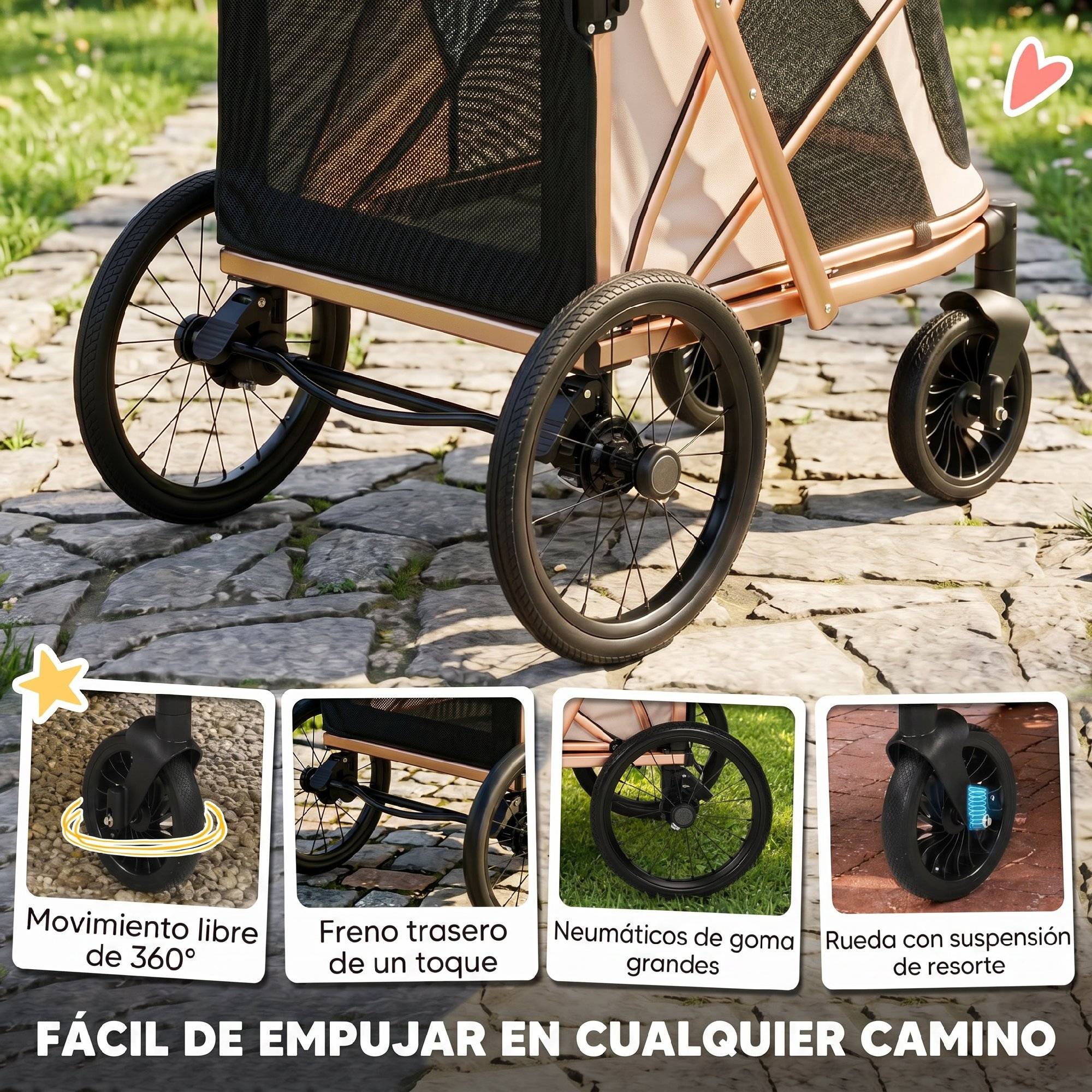 Poussette pliable pour chien jusqu'à 20 kg avec grandes roues, suspension et frein, fenêtres en filet, coussin marron clair - Image 8