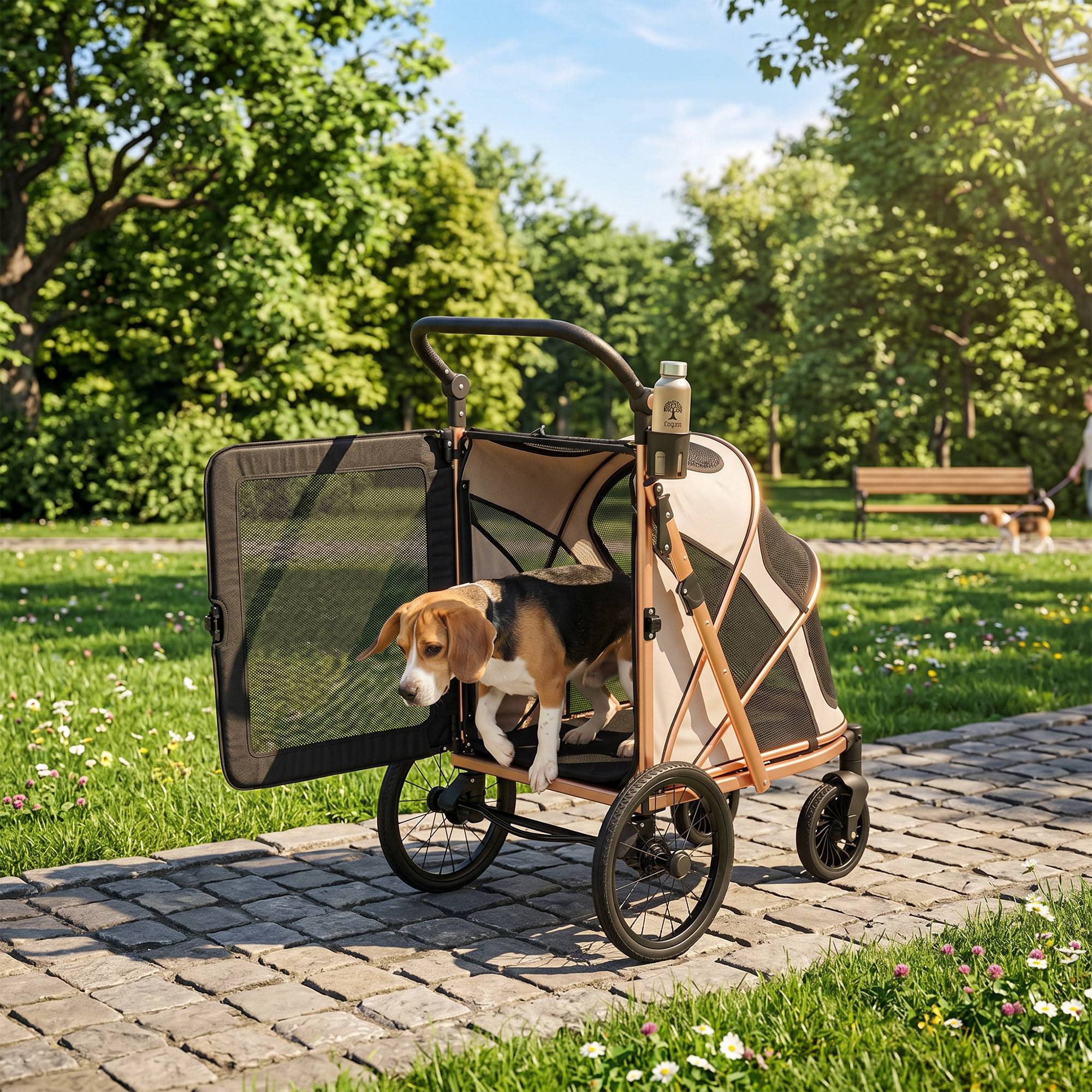 Poussette pliable pour chien jusqu'à 20 kg avec grandes roues, suspension et frein, fenêtres en filet, coussin marron clair - Image 10